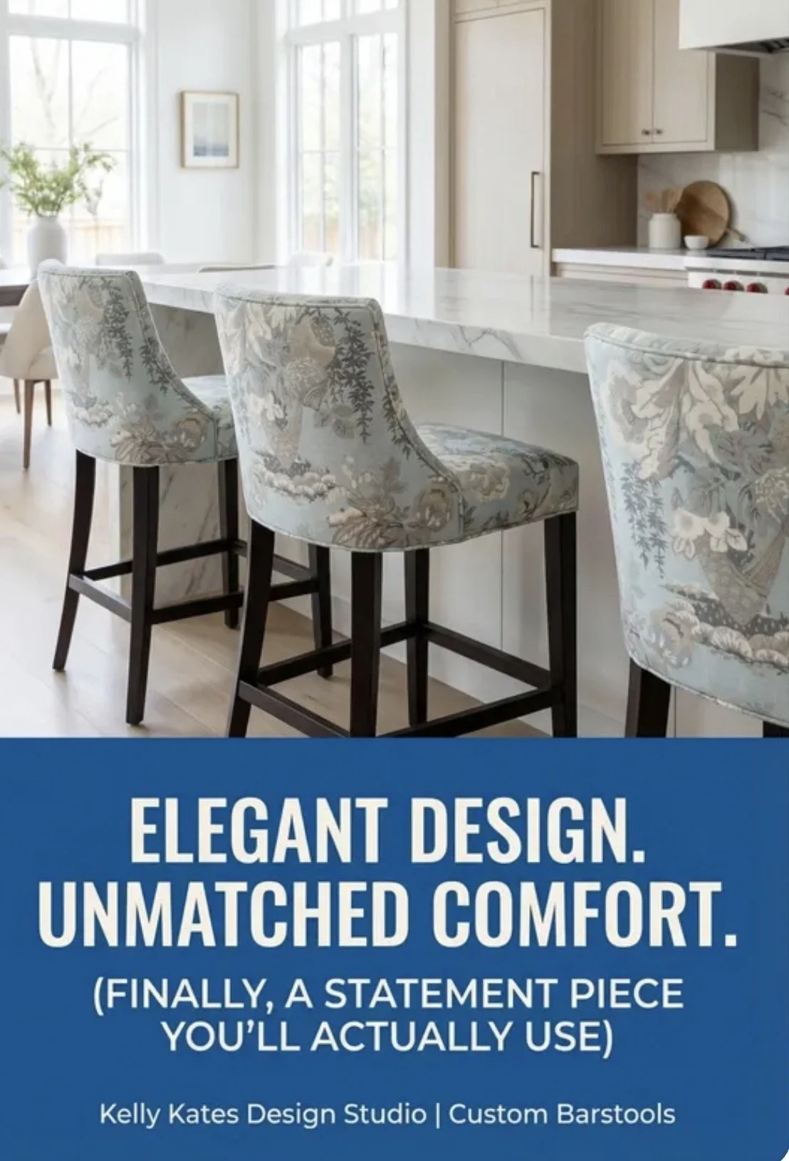 A marketing graphic for Kelly Kates Design Studio features a bright kitchen with white cabinetry, a marble island, and upholstered bar stools with a floral pattern.