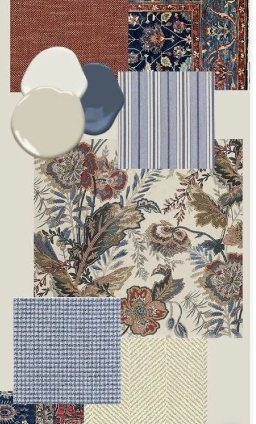 Multiple fabric samples, including floral, striped, checkered, and textured patterns, along with three paint swatches in white, blue, and dark gray, laid out on a plain background.