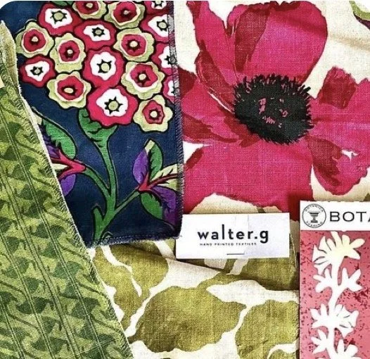 A collage of various fabric patterns, including floral and geometric designs, with a label reading 'walter.g' and another label with the text 'BOT' and a white floral pattern.