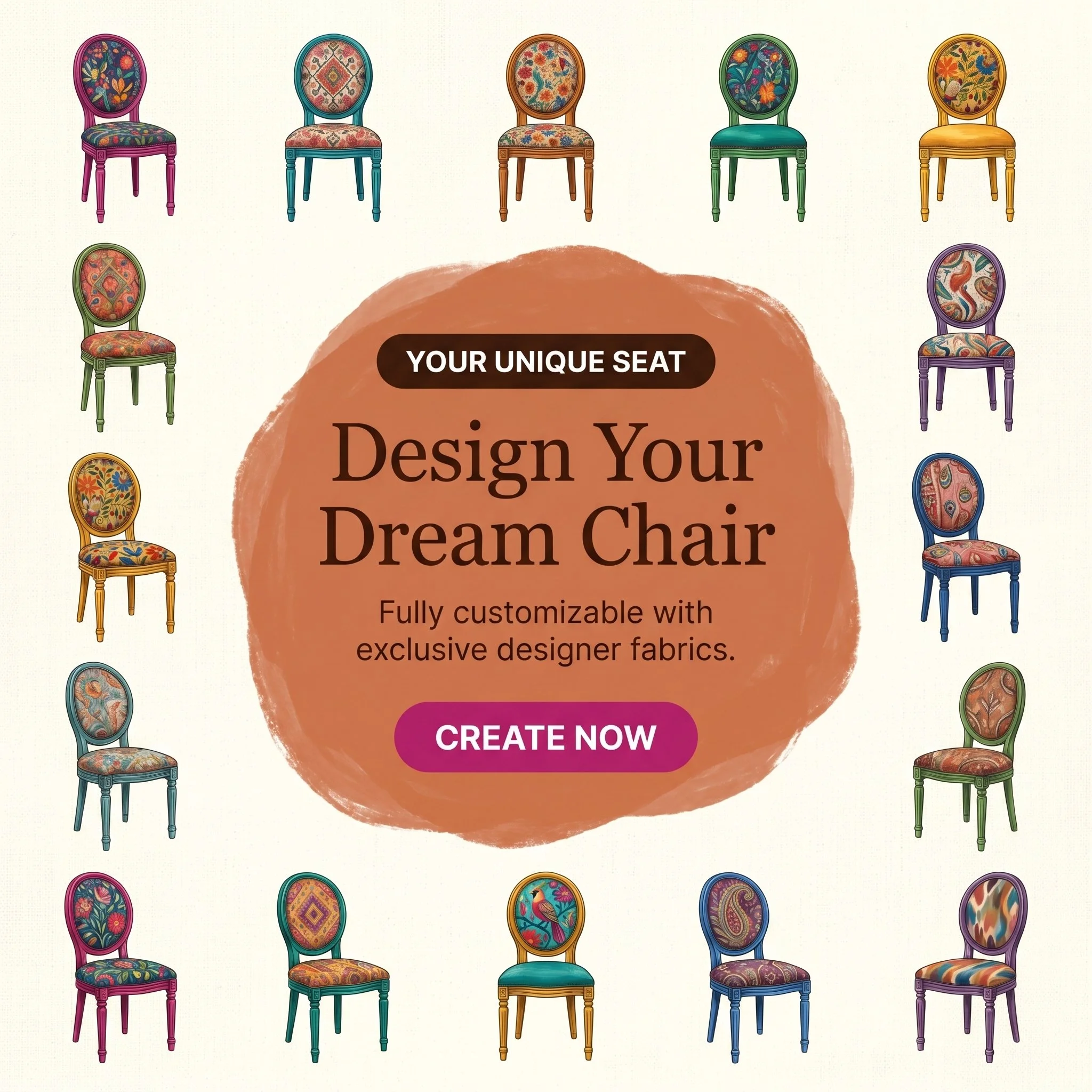 A colorful selection of chairs with floral and patterned upholstery, arranged around a promotional banner for designing a custom dream chair.