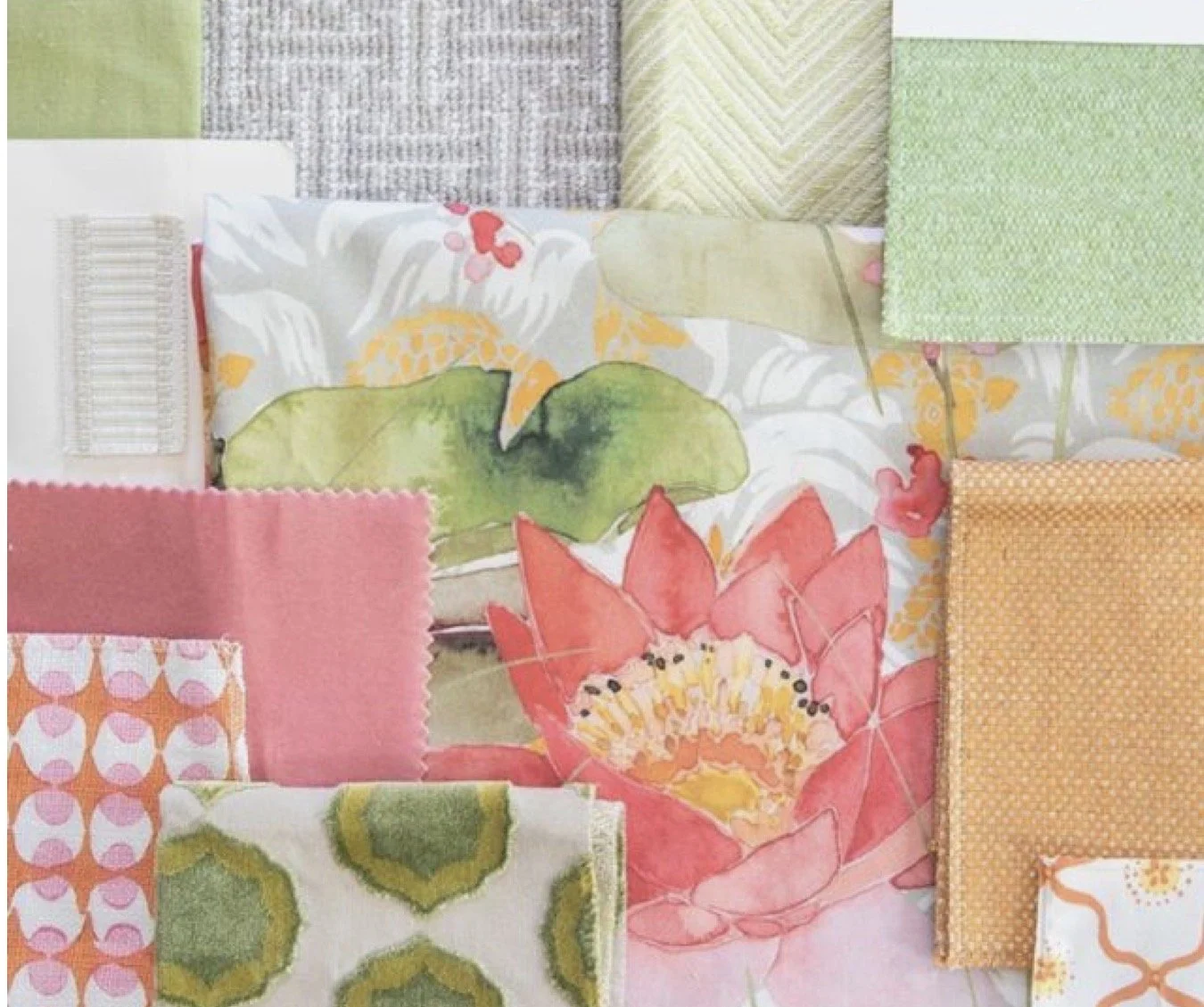 A collage of fabric swatches in various colors and patterns, including floral, geometric, and textured designs, arranged on a surface.