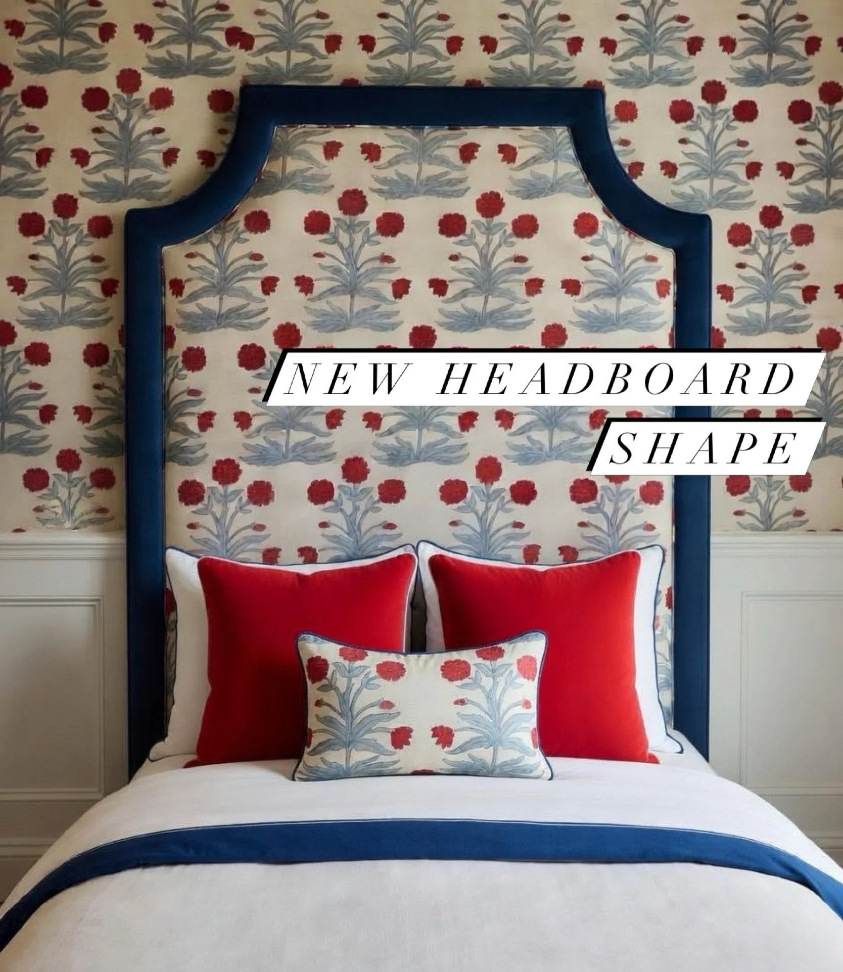 large square headboard with cut corners that has floral fabric matching the wallpaper
