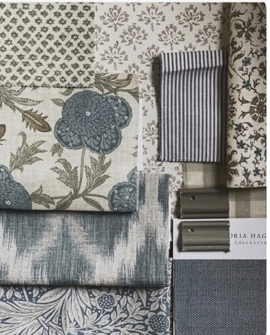 Collage of fabric samples with floral and striped patterns in blue, beige, and gray tones.