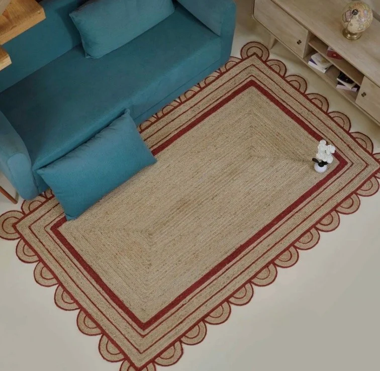 Jute Rug with Red Scallop Border
