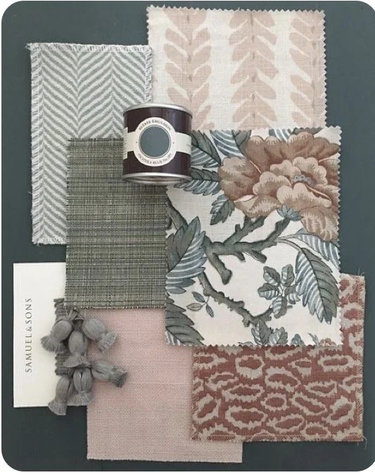 Swatches of fabric in various patterns and colors, a small jar labeled 'Davis Emulsions', and a sample card reading 'Samueleons'.