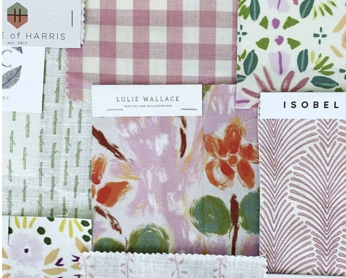 Collage of various fabric swatches with different patterns and colors, including pink checkered, floral, green dotted, and striped designs, labeled with designer names like LULIE WALLACE and ISOBEL.
