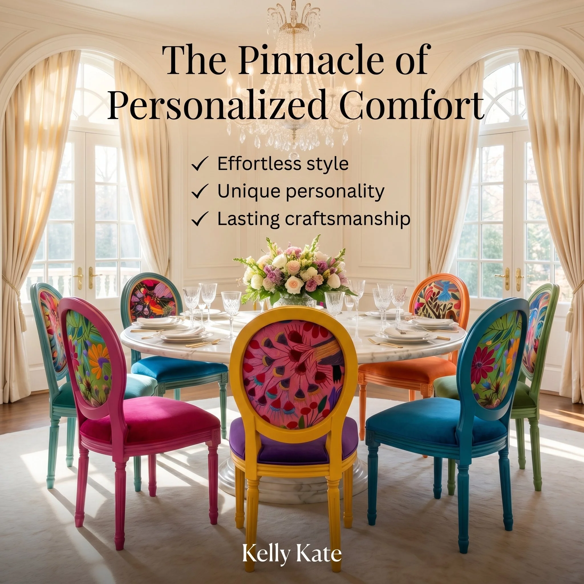 Colorful chairs arranged around a dinner table in a dining room with large windows and a chandelier, with the title 'The Pinnacle of Personalized Comfort' and additional text highlighting effortless style, unique personality, and lasting craftsmanship, attributed to Kelly Kate.