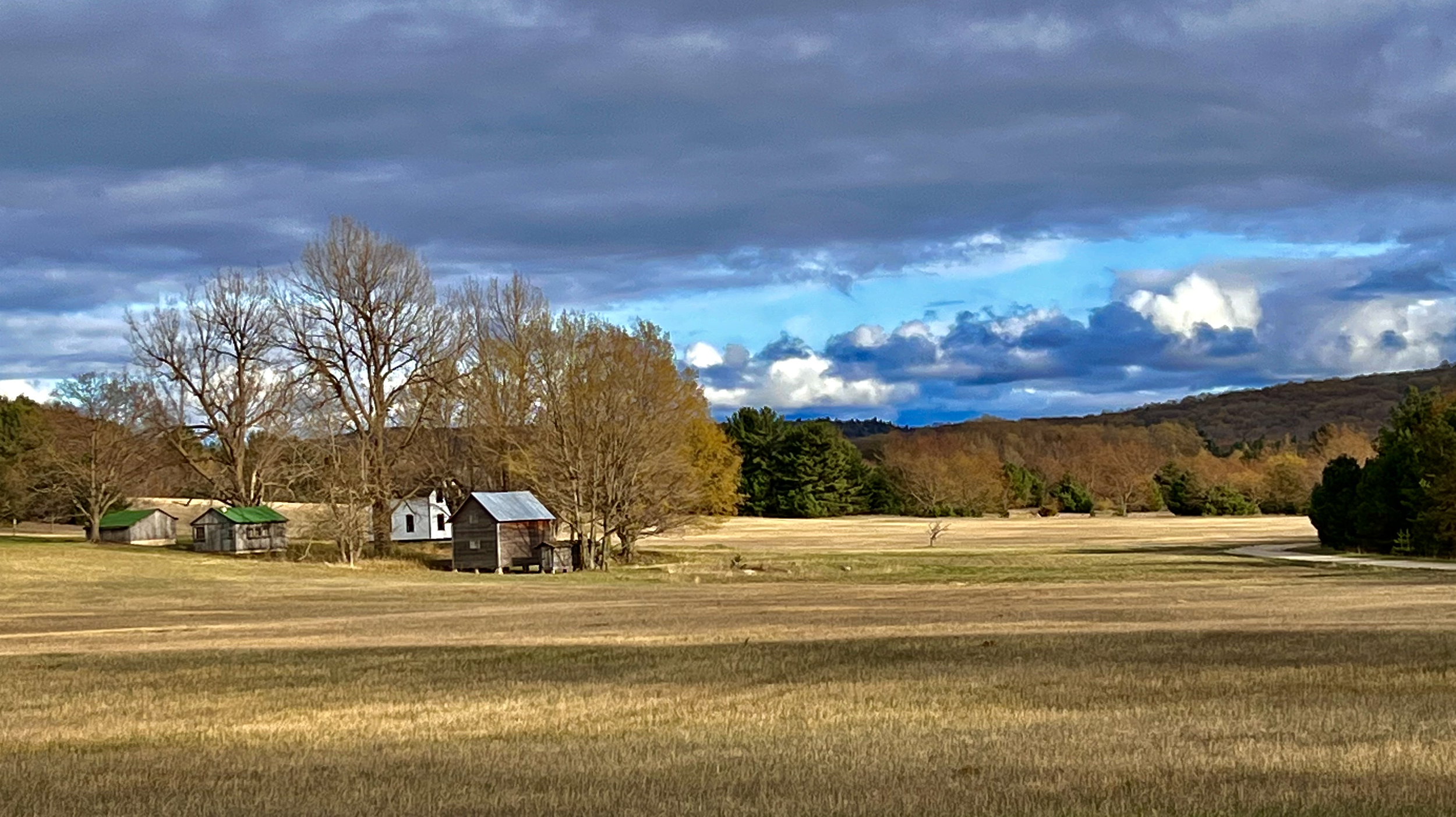 Open field with leafless trees, farm buildings with green and metal roofs, a white house, and a wooded hillside under a partly cloudy sky.