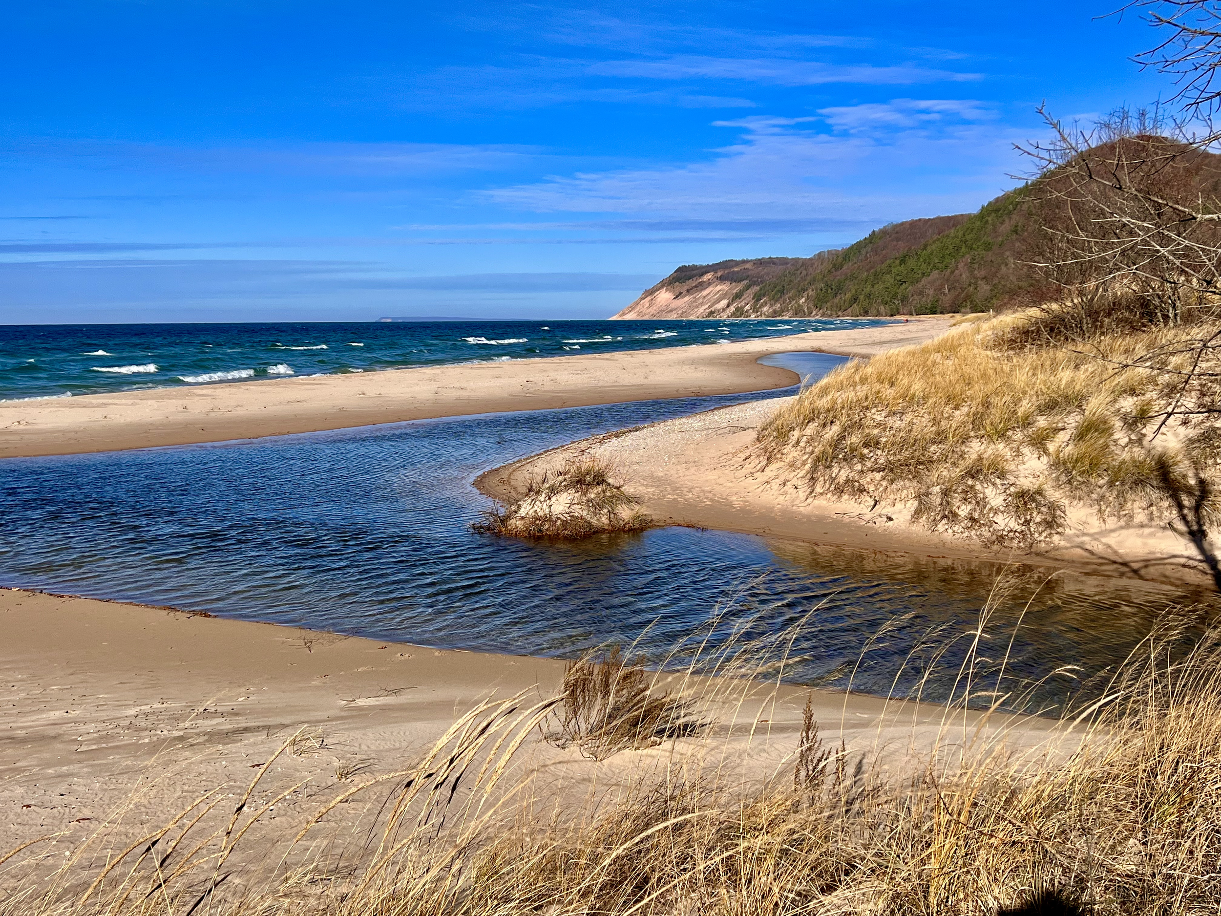Sandy beach with a small stream flowing into the ocean, surrounded by grassy dunes and a hillside covered with trees under a blue sky with clouds.