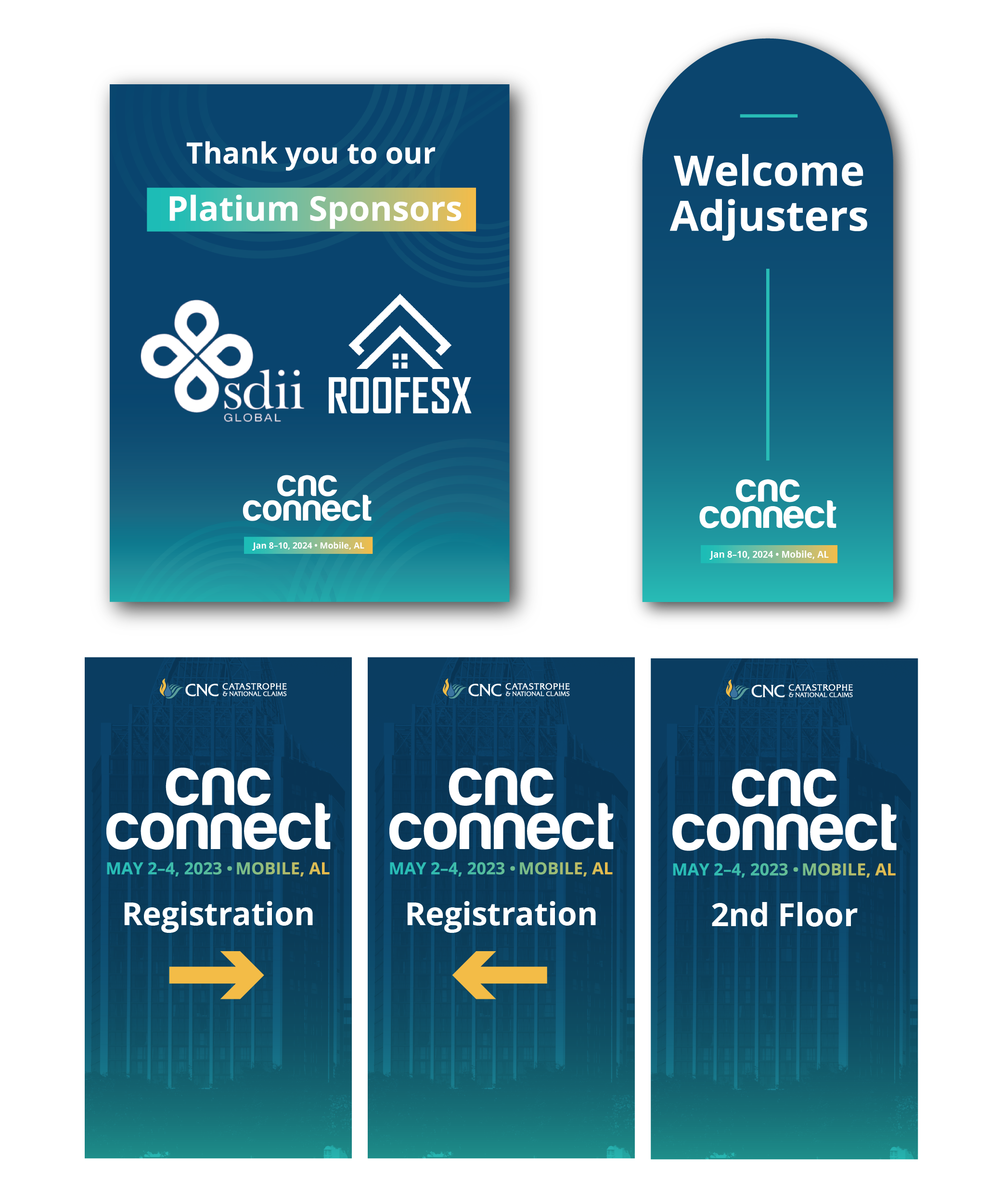 Event information banners for CNC Connect 2024 conference, with details on sponsors, dates, location, and registration directions.