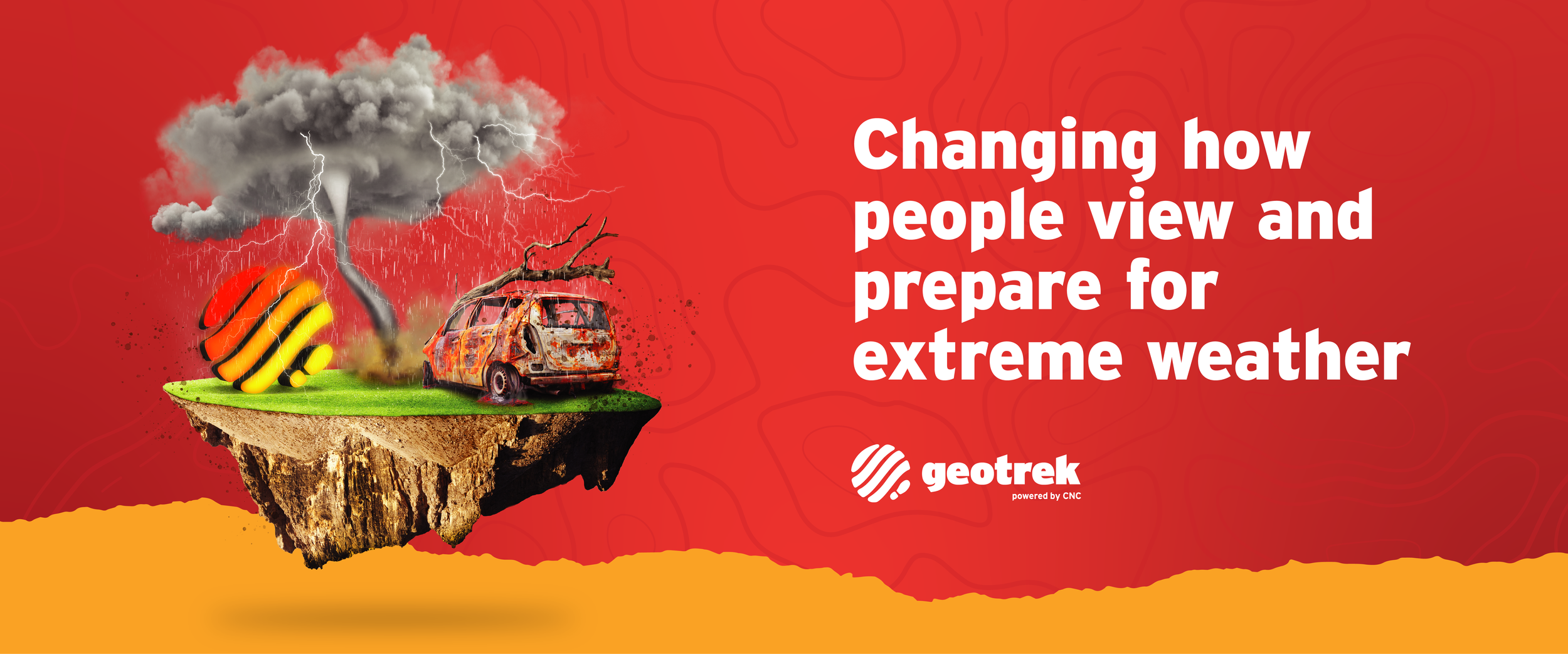Digital graphic with floating island depicting extreme weather including lightning, a dark storm cloud, strong wind, and a burning, rusted car, with text about weather preparedness.