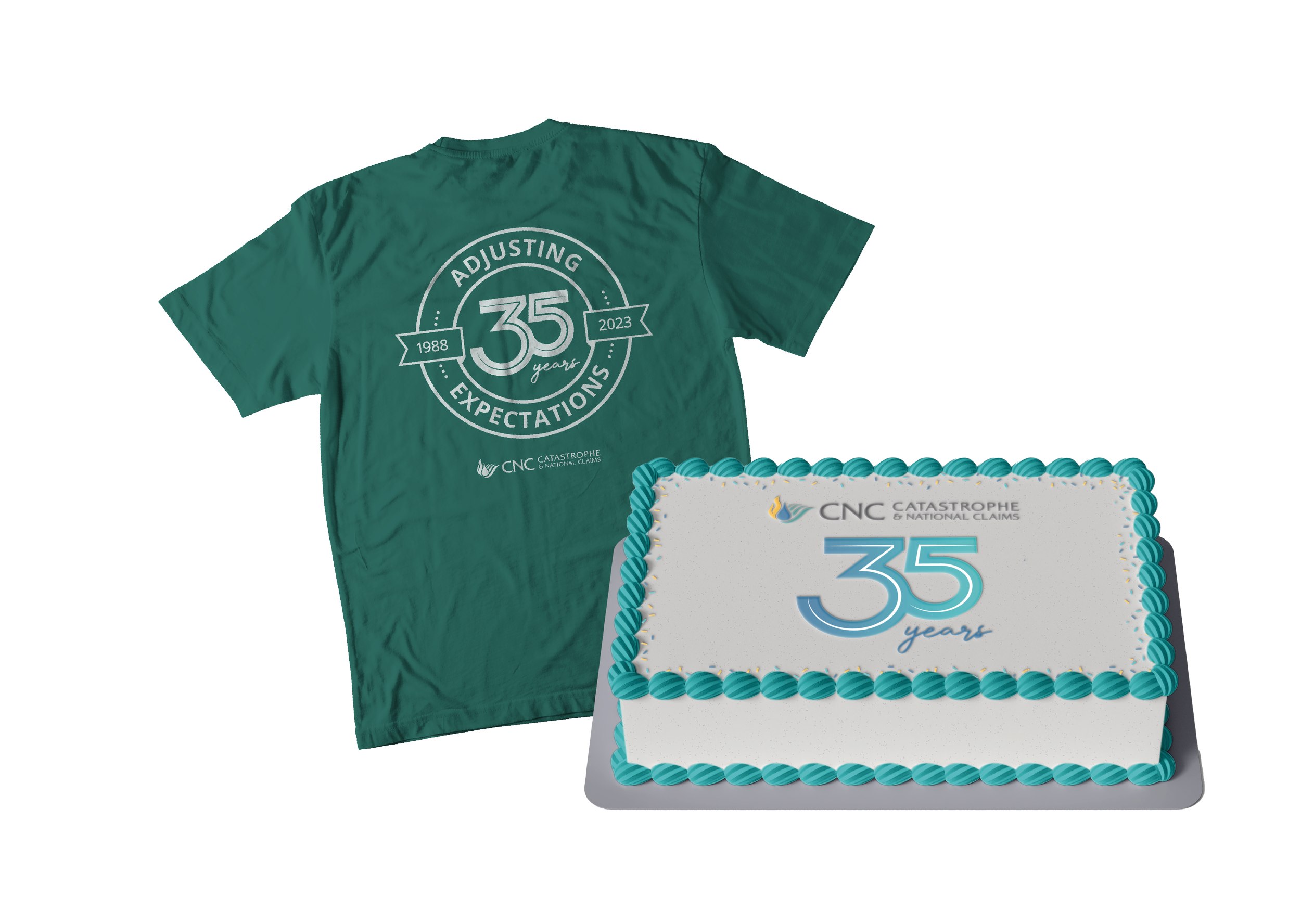 A green T-shirt and a decorated cake celebrating 35 years for CNC Catastrophe & National Claims, with the T-shirt displaying the company's logo and anniversary text, and the cake featuring similar branding and the number 35.