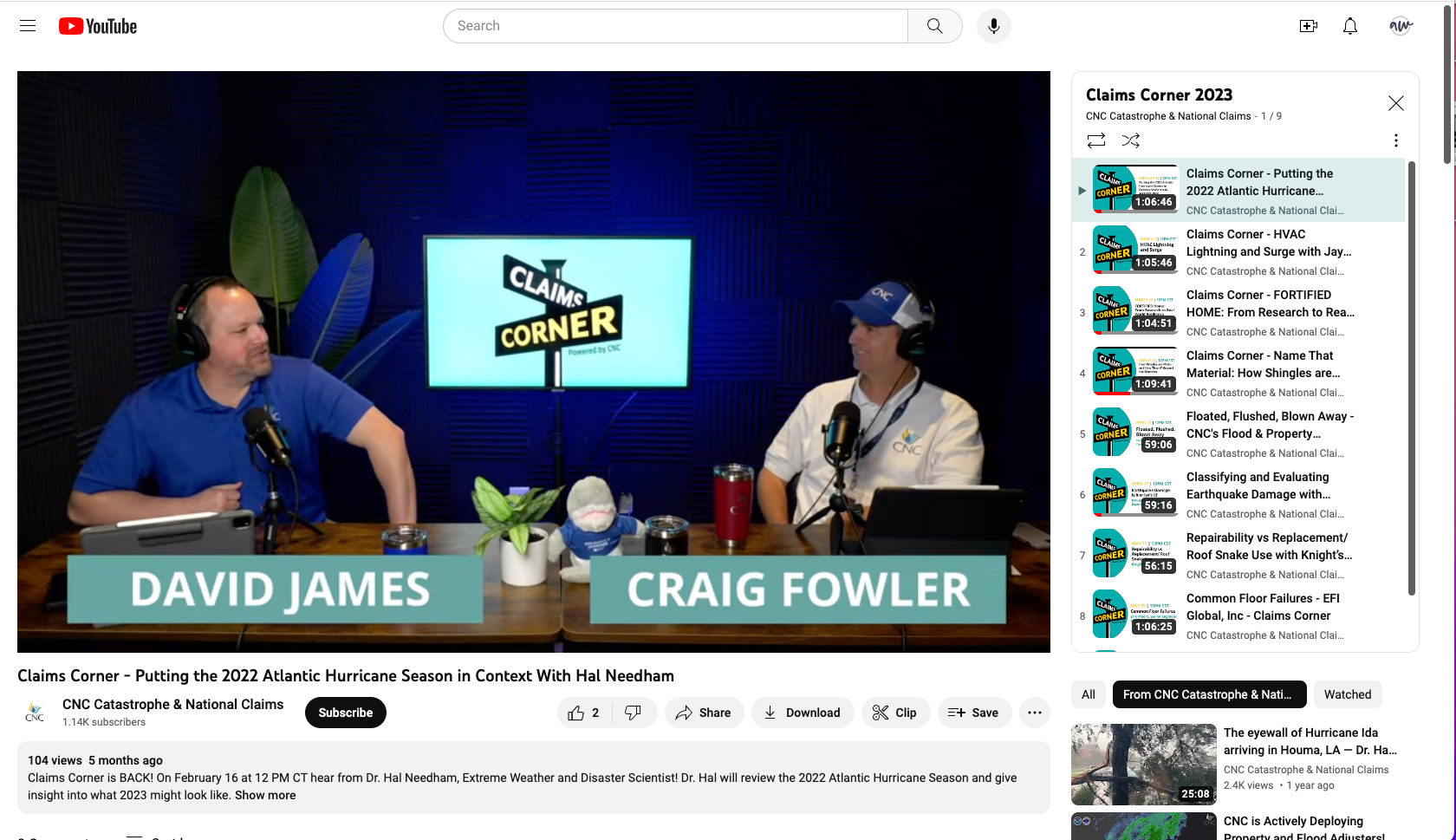 Two men, David James and Craig Fowler, are sitting at a table in a recording studio with a blue soundproof background featuring a screen that displays the Claims Corner logo. Both men are wearing headphones and speaking into microphones, with name tags in front of them indicating their identities.