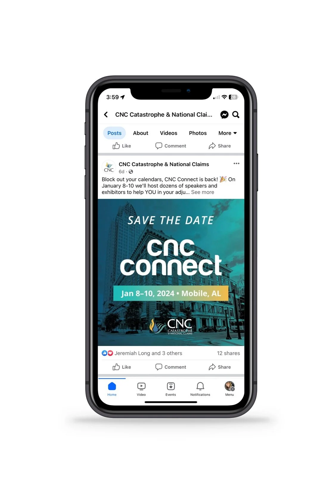 Smartphone displaying a Facebook post about an event called CNC Connect scheduled for January 8-10, 2024, in Mobile, Alabama.