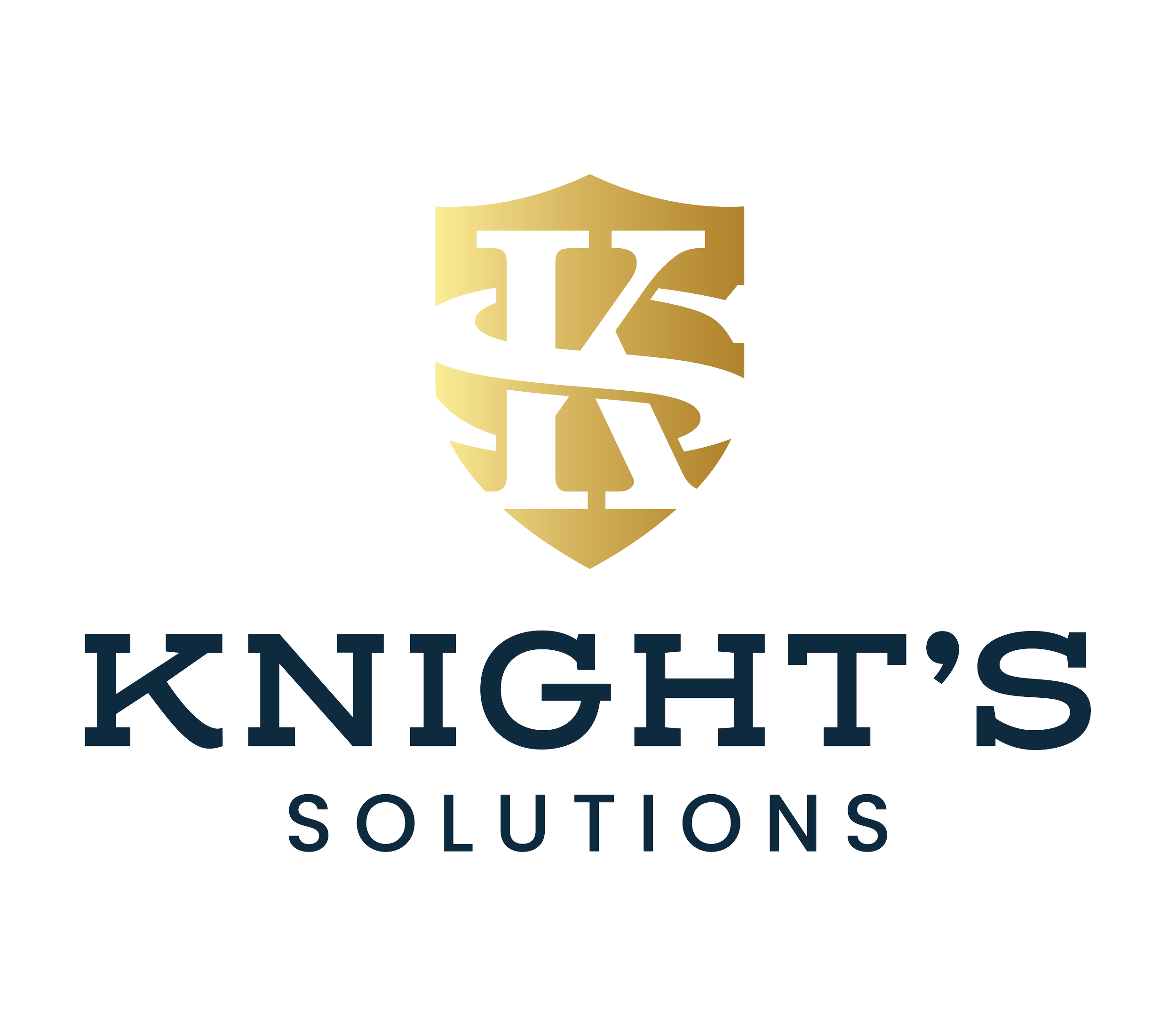 Logo for Knights Solutions featuring a gold shield with a stylized knight's helmet and a bold font with the text 'KNIGHT'S SOLUTIONS'.