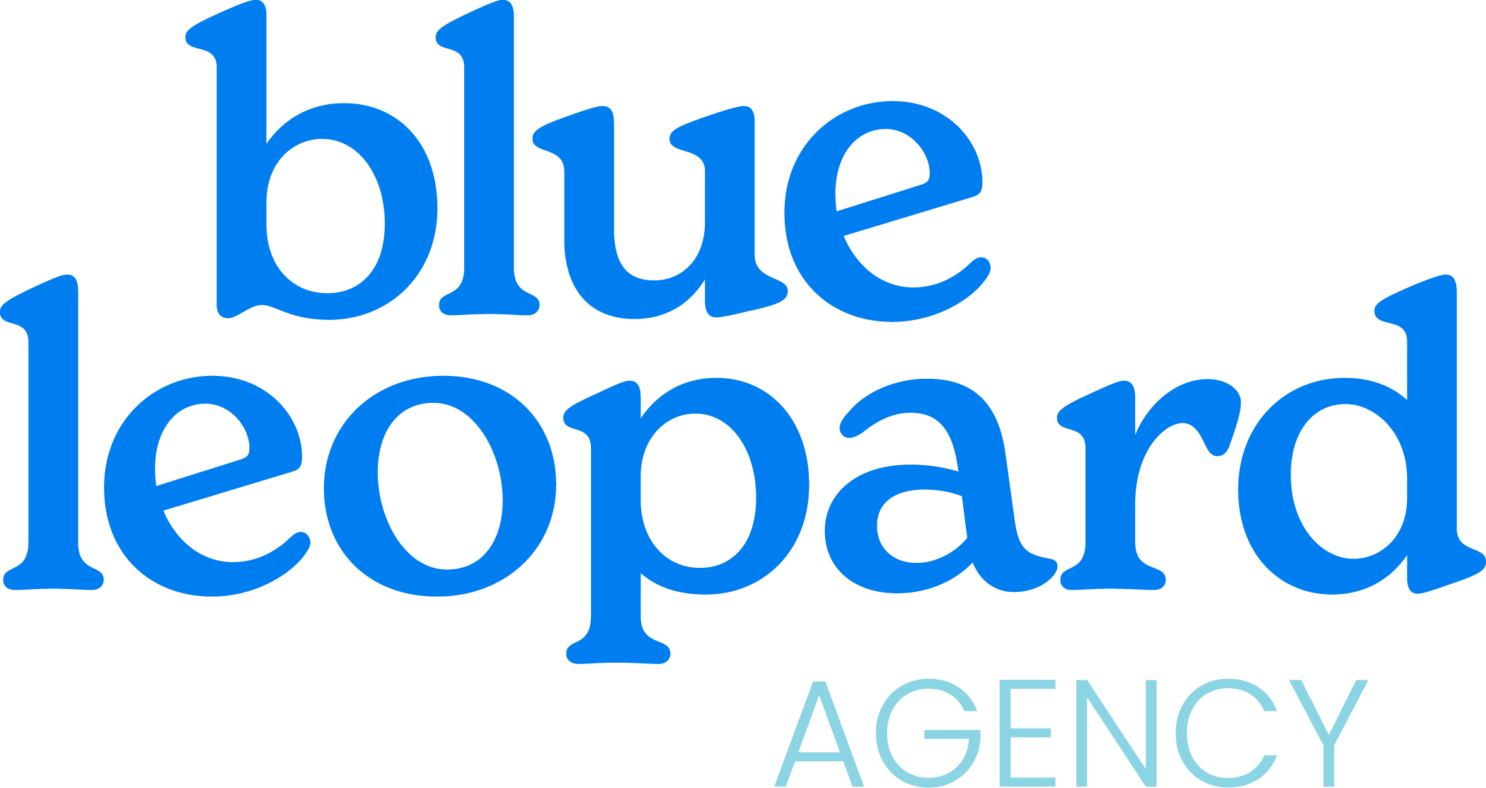 Blue leopard agency logo with the words 'blue leopard' in large blue letters and 'agency' in smaller light blue letters below