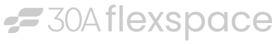 Close-up of the 30A Flex Space logo in black and white.