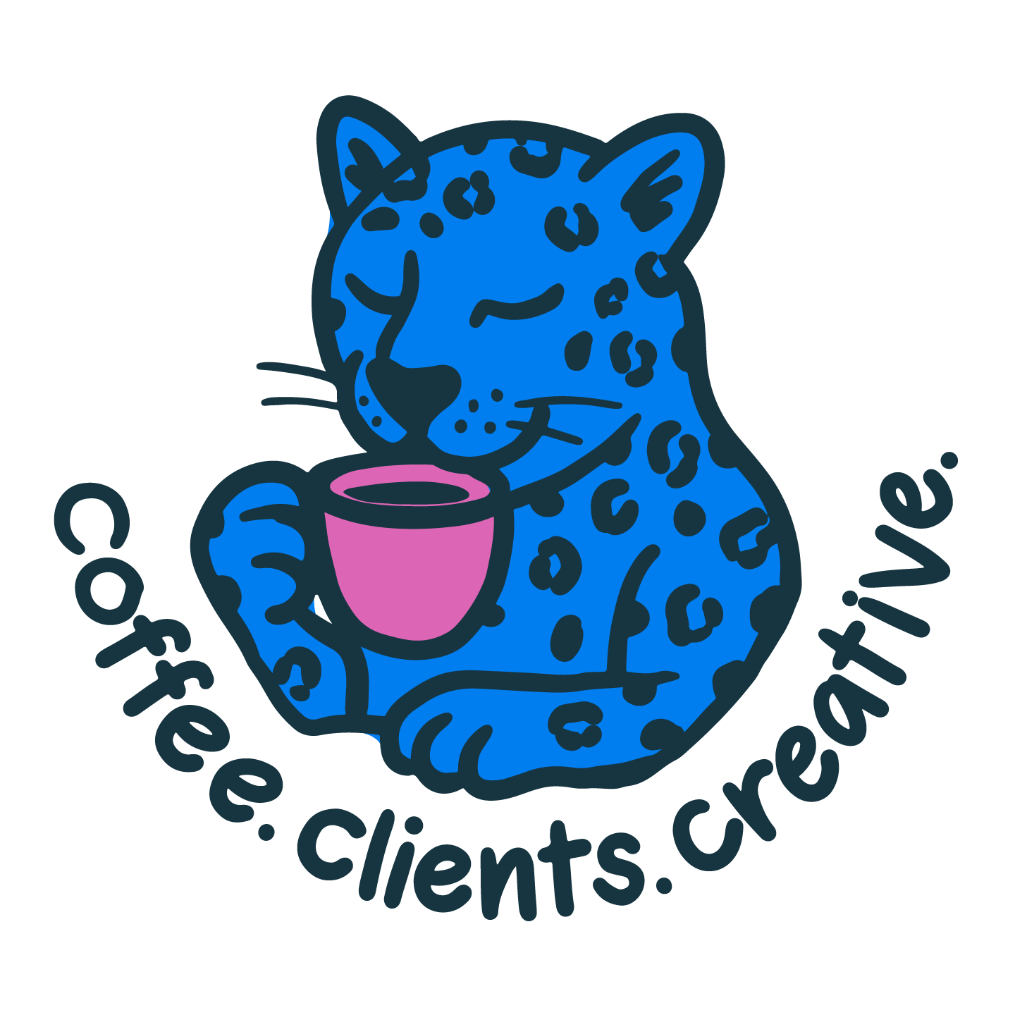 A cartoon blue leopard holding a pink coffee mug with a sip of coffee and the text 'coffee.clients.creative' curved around the leopard.