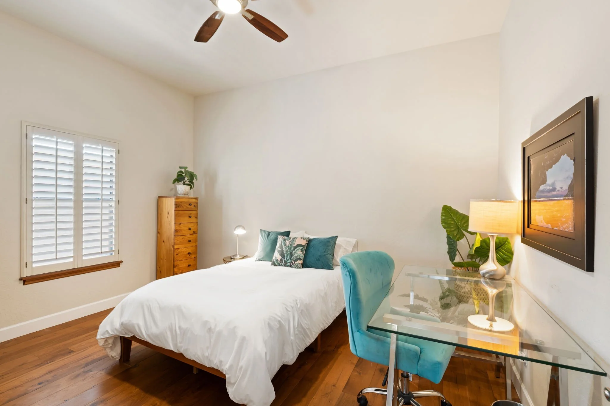 A bedroom with a white bed, teal chair, wooden dresser, glass desk with a lamp, a framed picture, and plants, illuminated by a ceiling fan and lamp, with windows and white walls.