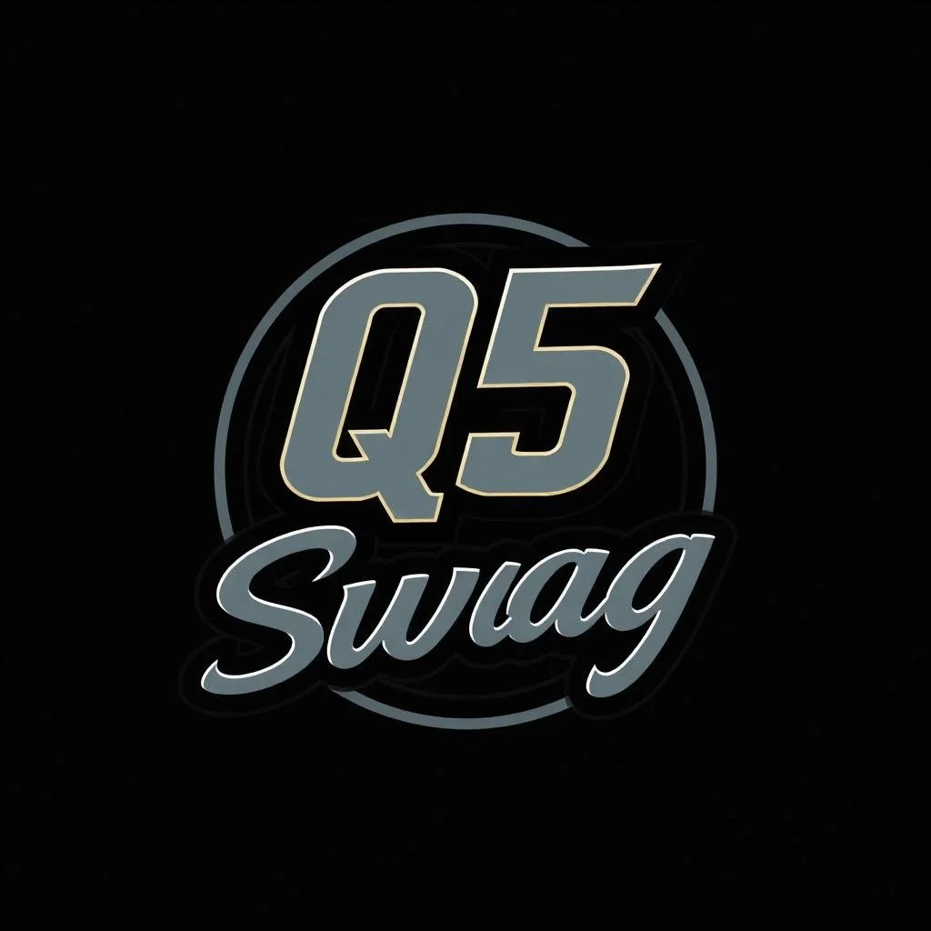 Stylized text logo with 'Q5 Swag' on a black background, with the 'Q5' in large gray letters and 'Swag' in cursive white letters.