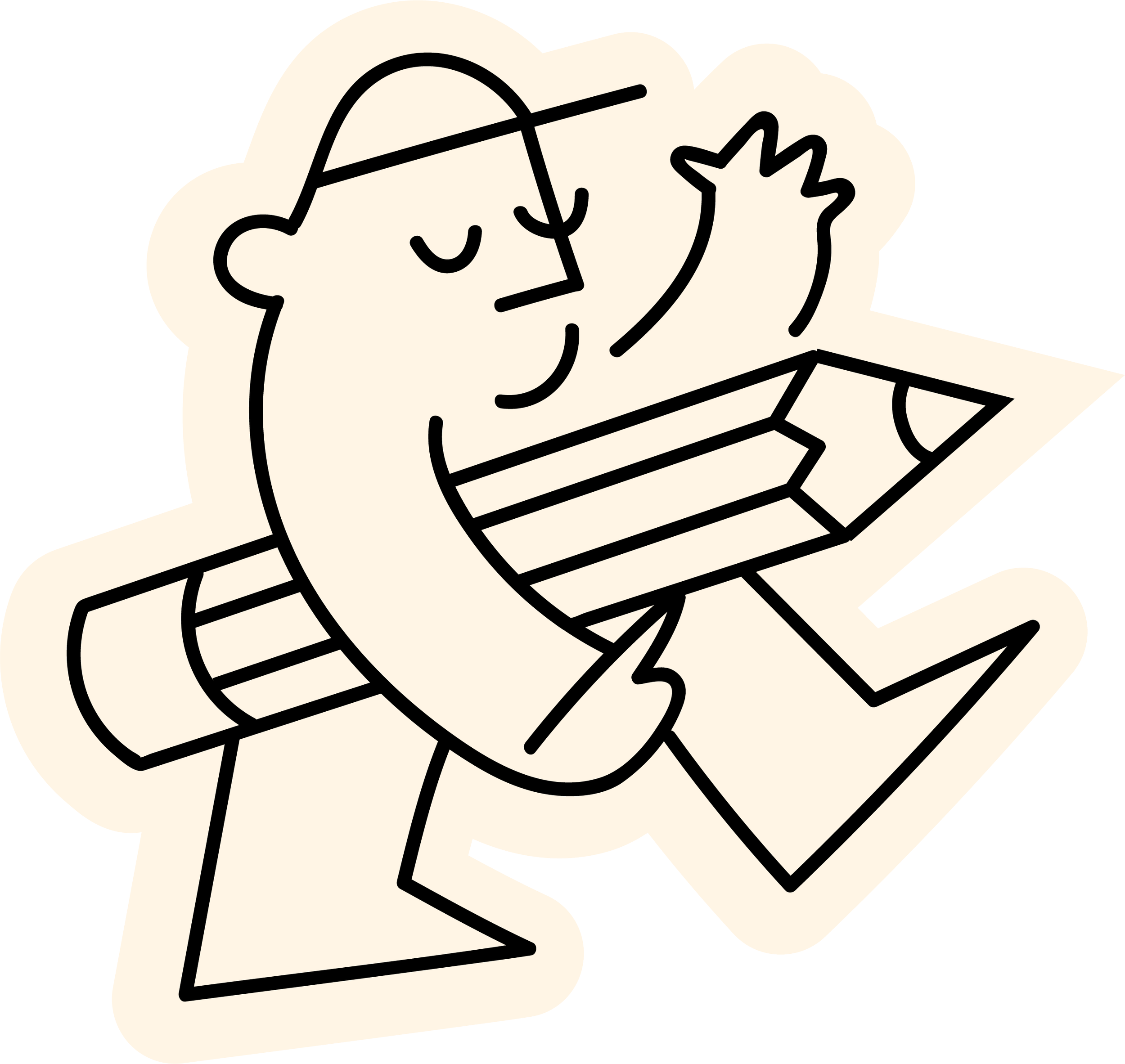 Black and white illustration of a person carrying a large pencil and walking.