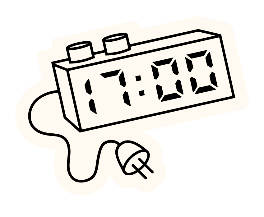 Black and white illustration of an unplugged alarm clock, with the time showing 5pm.