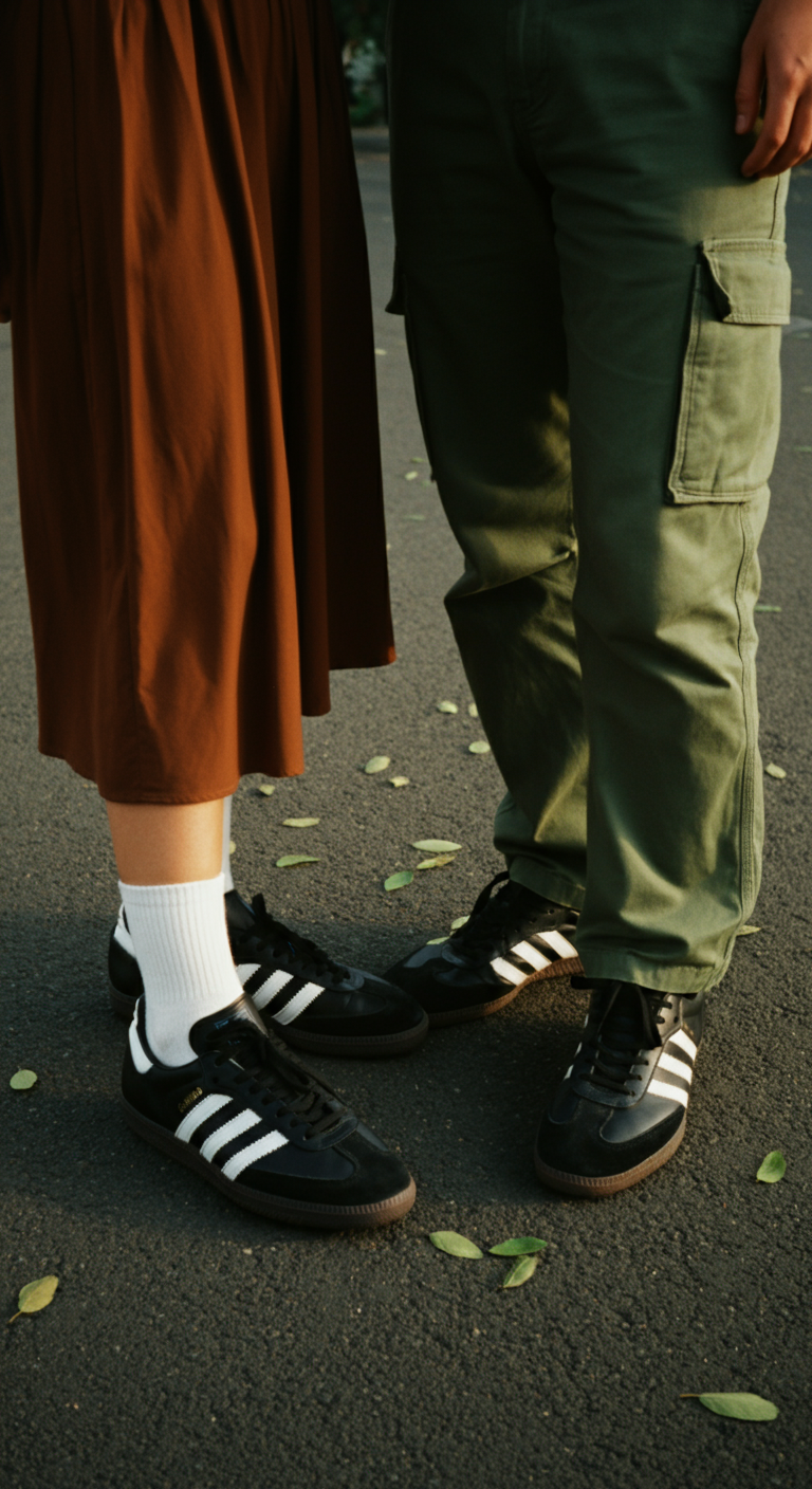 Close-up of two people standing outdoors, wearing black Adidas sneakers with white stripes, one with white socks and a brown skirt, and the other in green pants with a pocket.