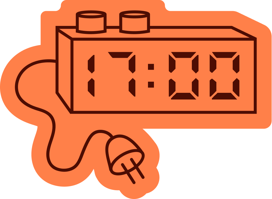 An illustration of an orange analog clock that's been unplugged and says 17:00