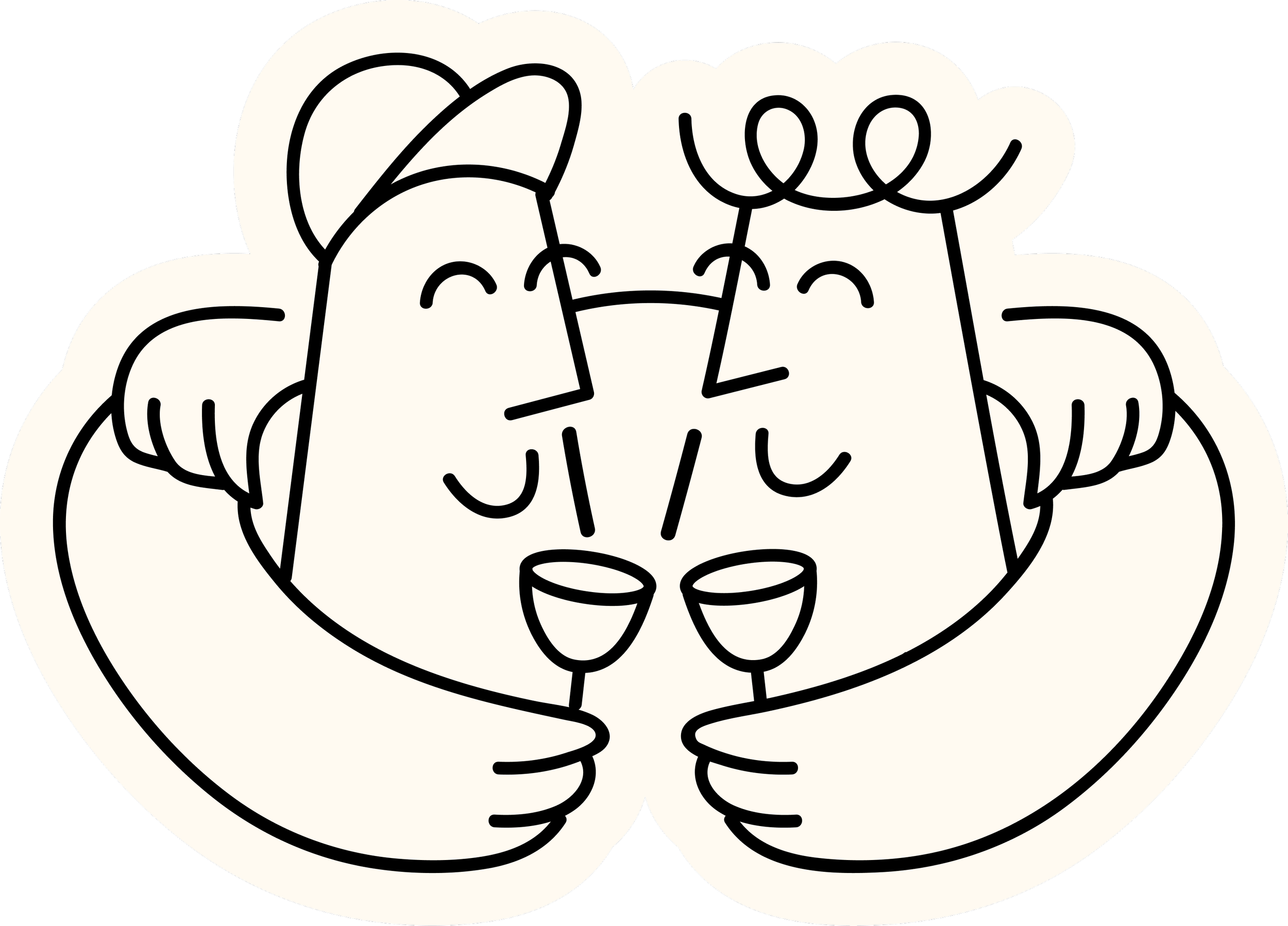 An illustration of two people drinking wine and hugging