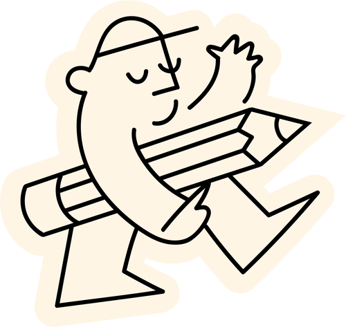 Black and white illustration of a man holding a large pencil