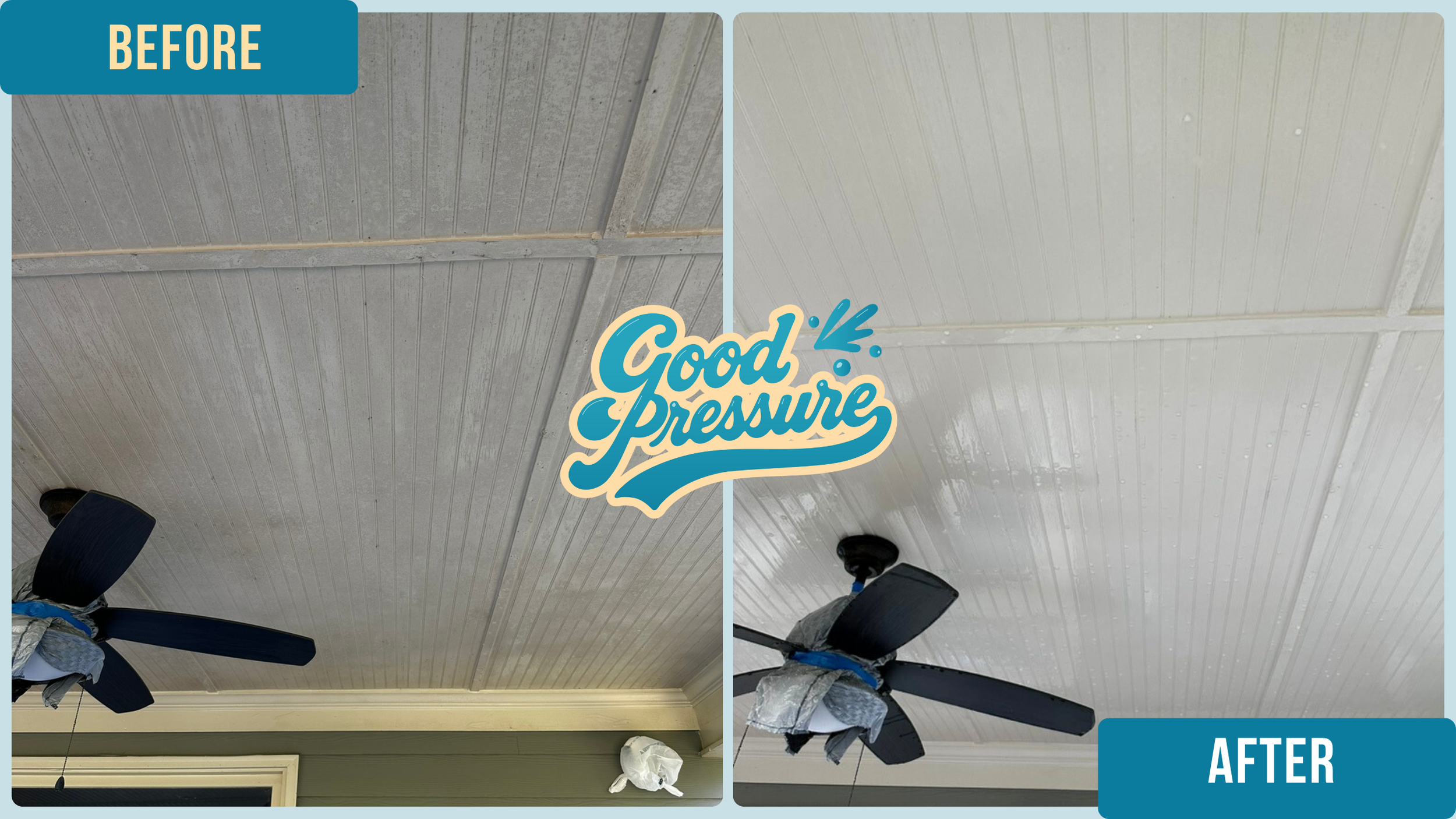 Side-by-side comparison of the same deck ceiling before and after professional cleaning, with the left side dark and grimy and the right side bright and spotless after soft washing with cleaning solution and a wand.