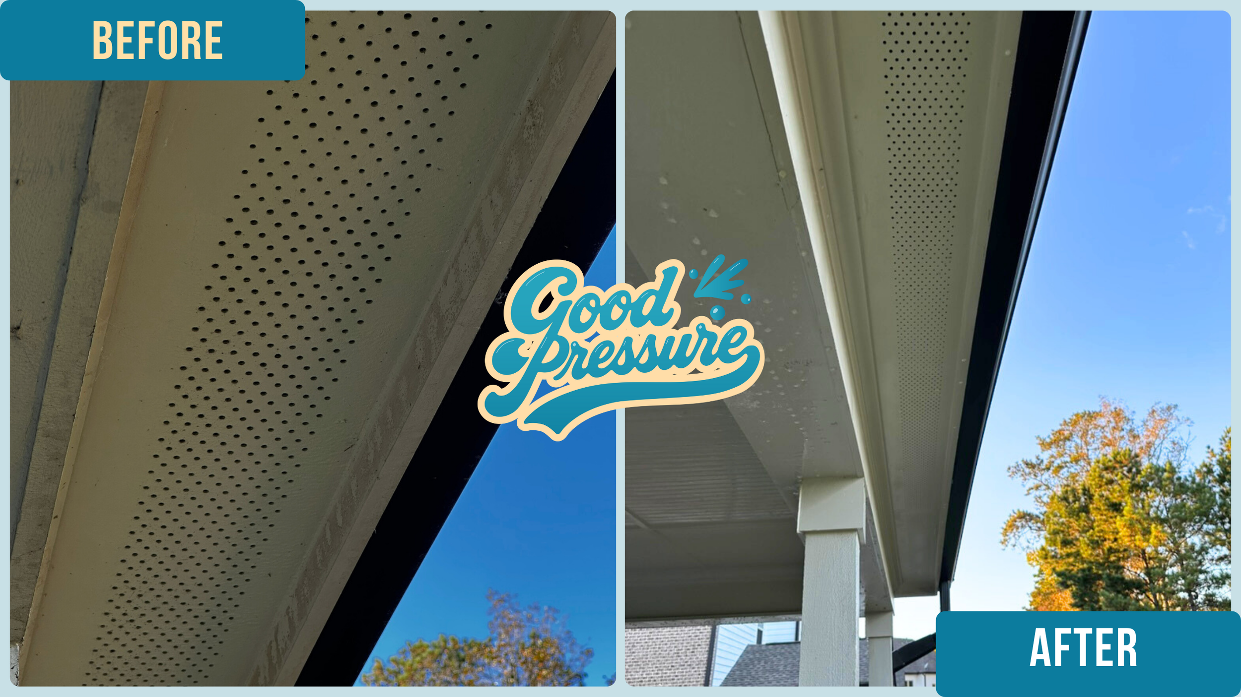 Side-by-side comparison of the same soffit before and after professional cleaning, with the left side dark and grimy and the right side bright and spotless after soft washing with cleaning solution and a wand.