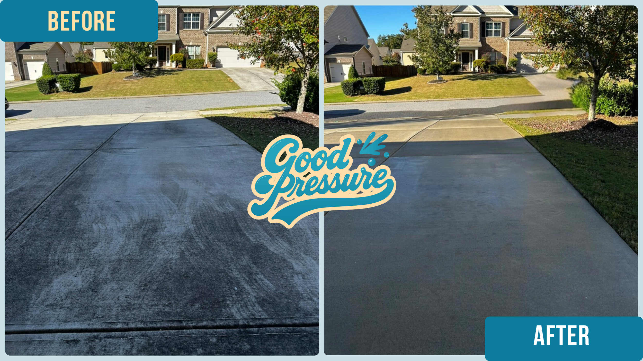 Side-by-side view of the same driveway before and after professional cleaning, with the left side dark and stained and the right side bright and clean after surface cleaning and precise edge detailing with a wand.