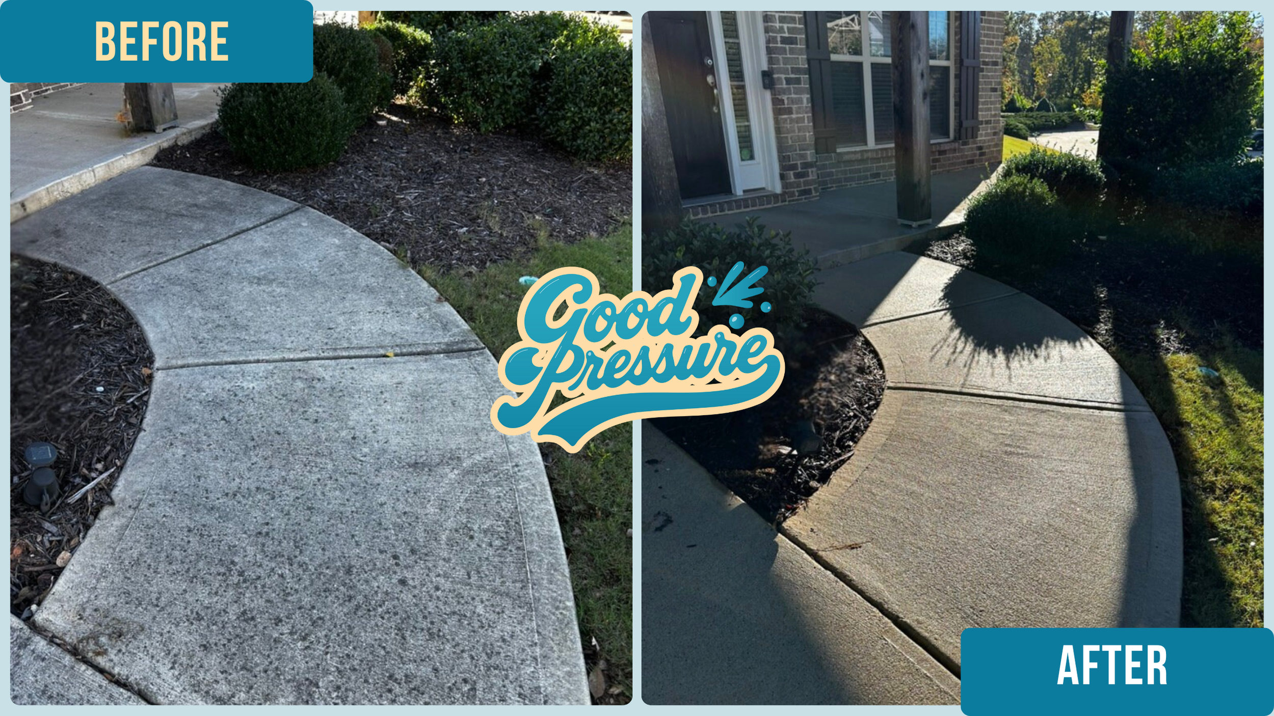 Side-by-side comparison of the same section of walkway before and after professional cleaning, with the left side stained and dirty and the right side bright and spotless after surface cleaning and precise edge detailing with a wand.