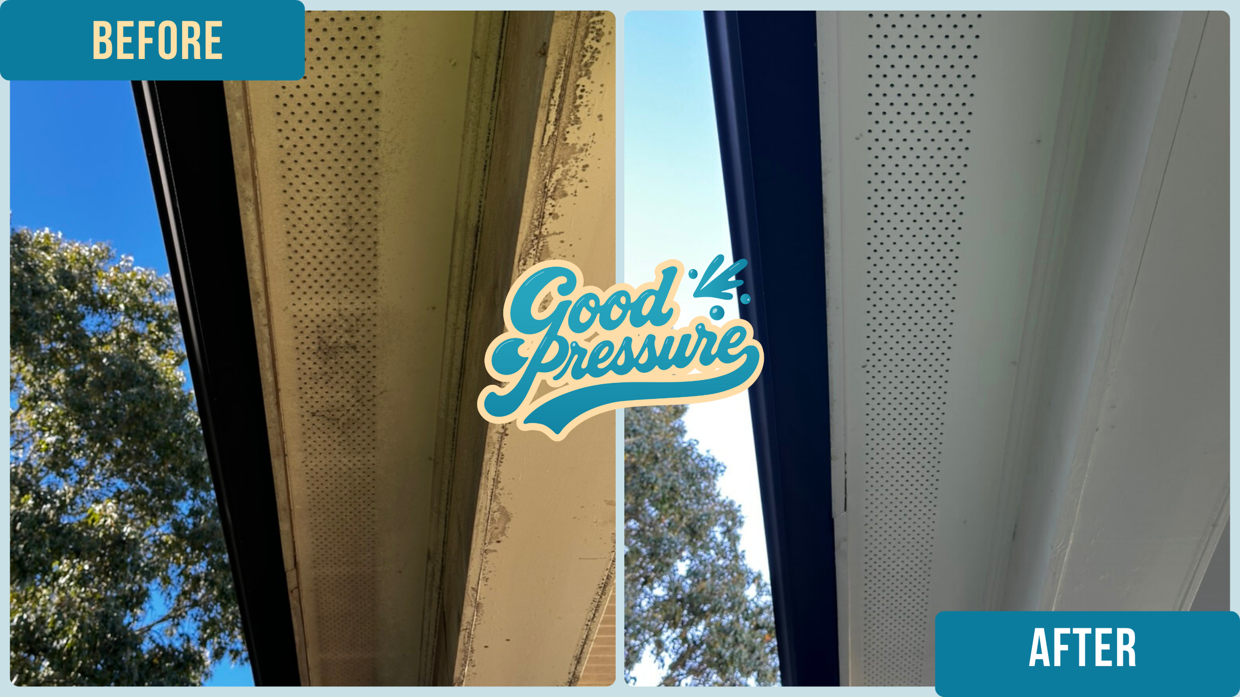 Side-by-side comparison of the same soffit before and after professional cleaning, with the left side dark and grimy and the right side bright and spotless after soft washing with cleaning solution and a wand.