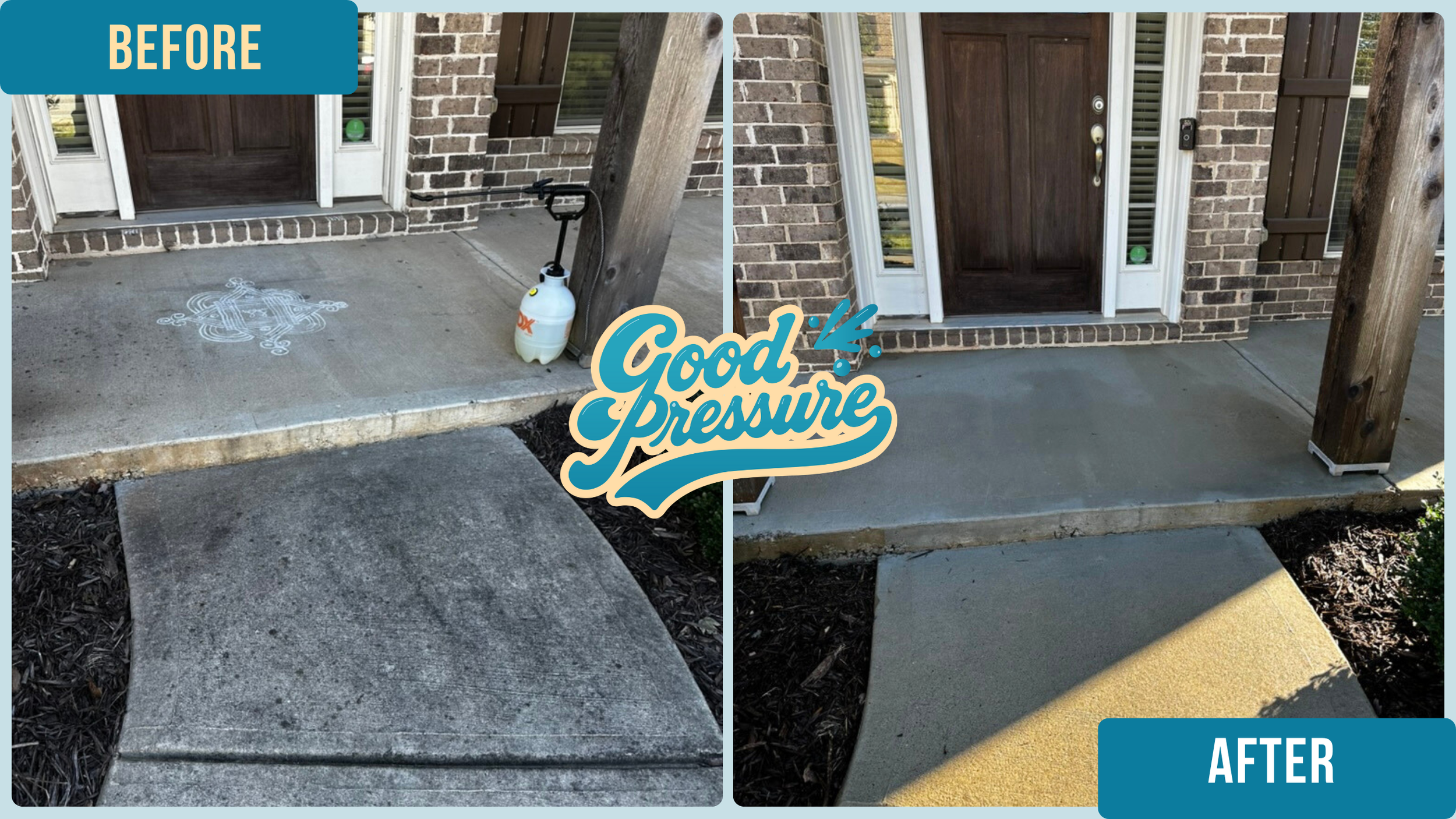 Side-by-side comparison of the same front porch before and after professional cleaning, with the left side stained and dirty and the right side bright and spotless after surface cleaning and precise edge detailing with a wand.