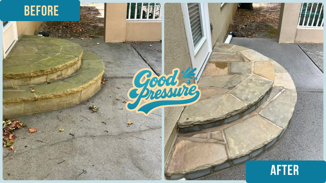 Side-by-side view of the same back patio stone steps before and after professional cleaning, with the left side mildewed and dirty and the right side bright and clean after applying a cleaning solution and rinsing with low pressure.