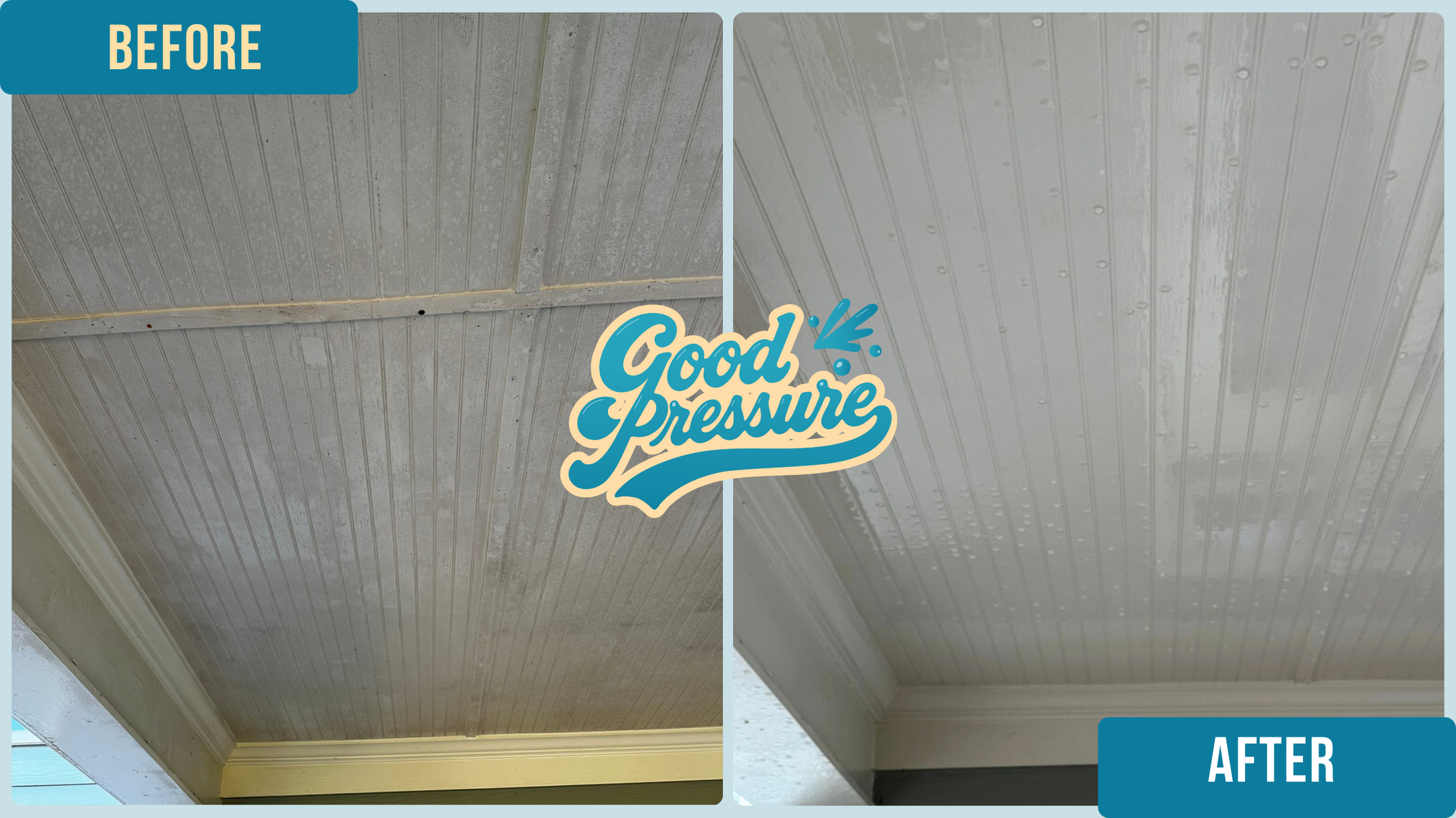Side-by-side comparison of the same deck ceiling before and after professional cleaning, with the left side dark and grimy and the right side bright and spotless after soft washing with cleaning solution and a wand.