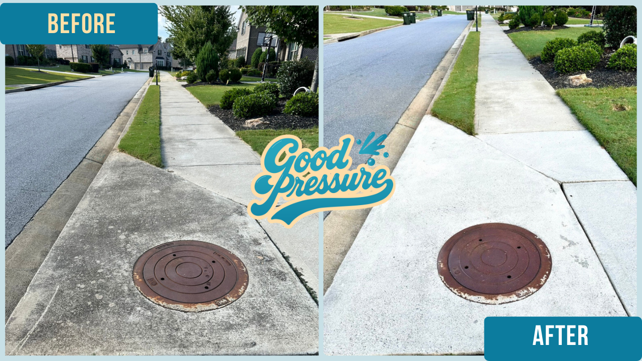 Side-by-side comparison of the same sewer drain before and after professional cleaning, with the left side dark and grimy and the right side bright and spotless after surface cleaning and precise edge detailing with a wand.