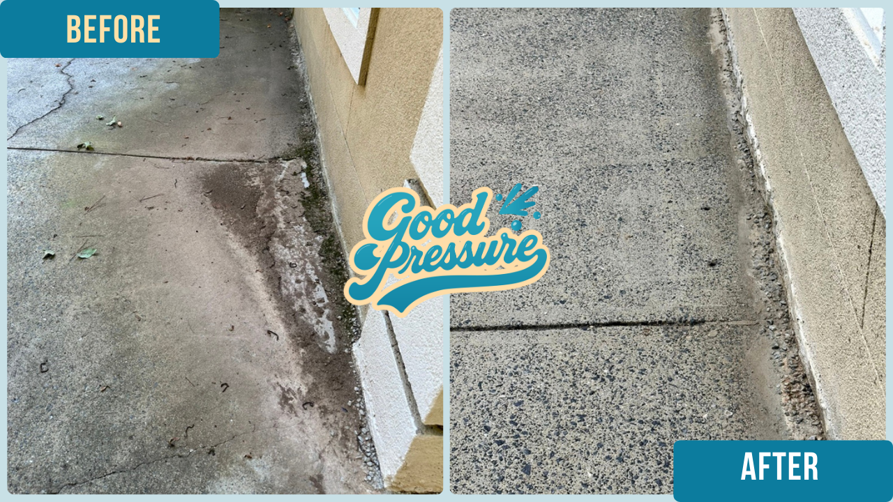 Side-by-side comparison of the same section of driveway before and after professional cleaning, with the left side showing moss and dirt build up and the right side bright and spotless after surface cleaning and precise edge detailing with a wand.