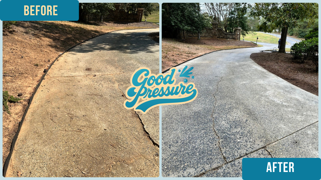 Side-by-side comparison of the same section of driveway before and after professional cleaning, with the left side caked with red clay and the right side bright and spotless after surface cleaning and precise edge detailing with a wand.