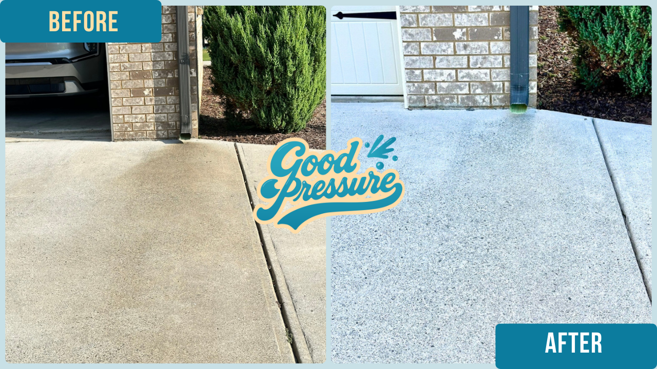 Side-by-side view of the same driveway section beneath a drainpipe, showing the left side dark and stained and the right side bright and clean after professional pressure washing with a surface cleaner and detailed wand edging.