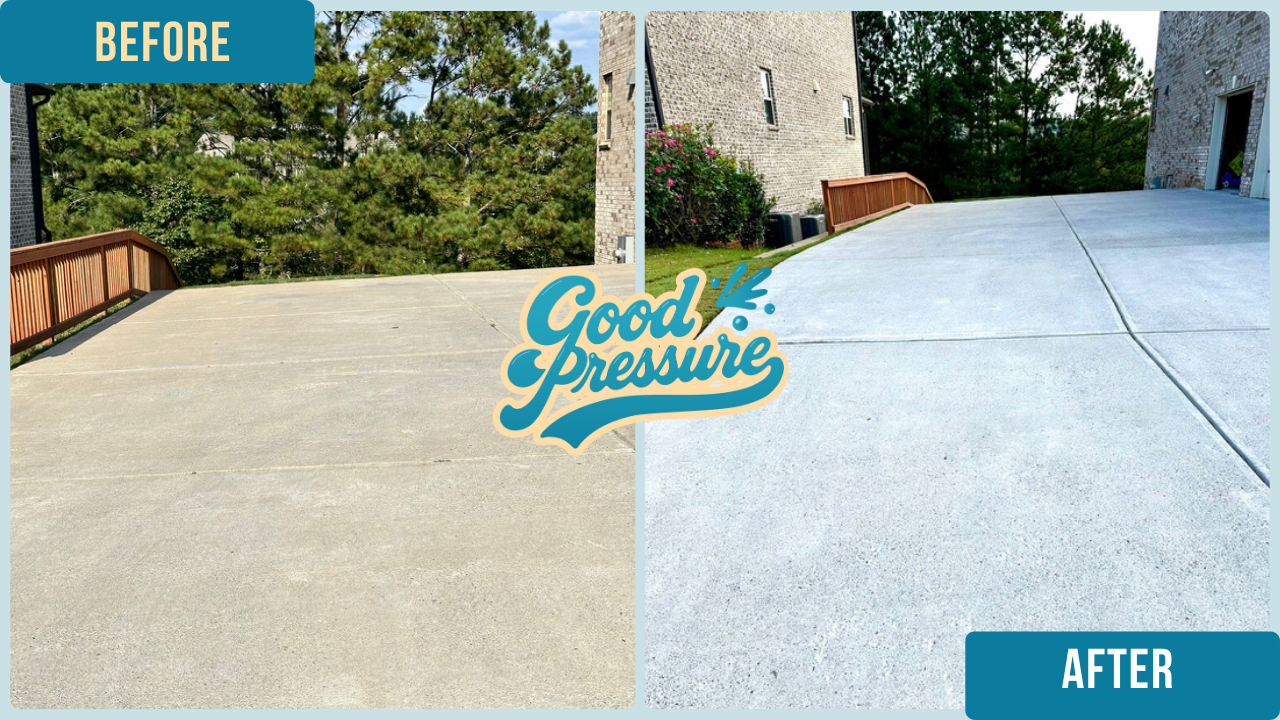 Side-by-side view of the same driveway before and after professional cleaning, with the left side dark and stained and the right side bright and clean after surface cleaning and precise edge detailing with a wand.