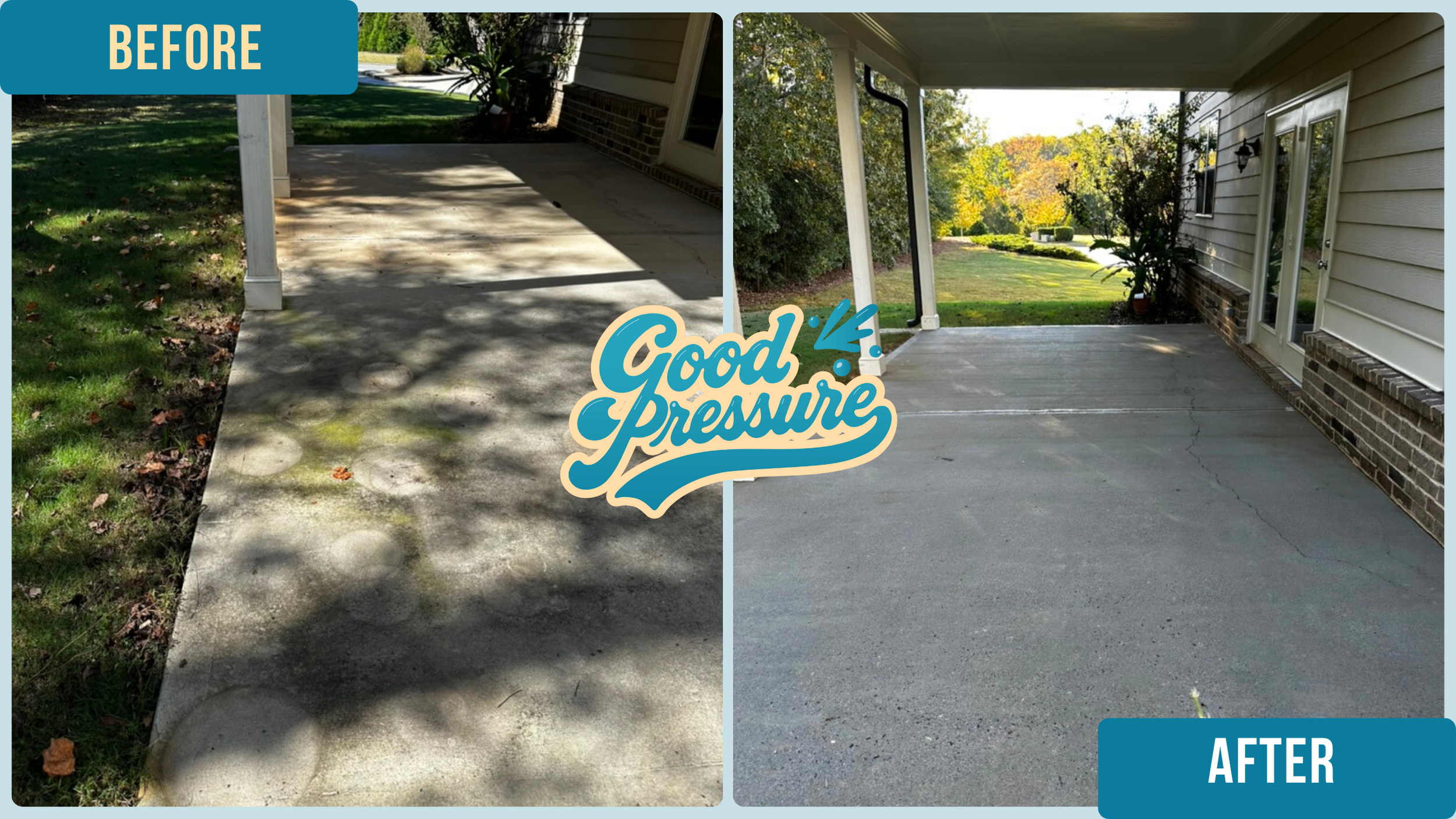 Side-by-side comparison of the same section of back patio before and after professional cleaning, with the left side stained and dirty and the right side bright and spotless after surface cleaning and precise edge detailing with a wand.