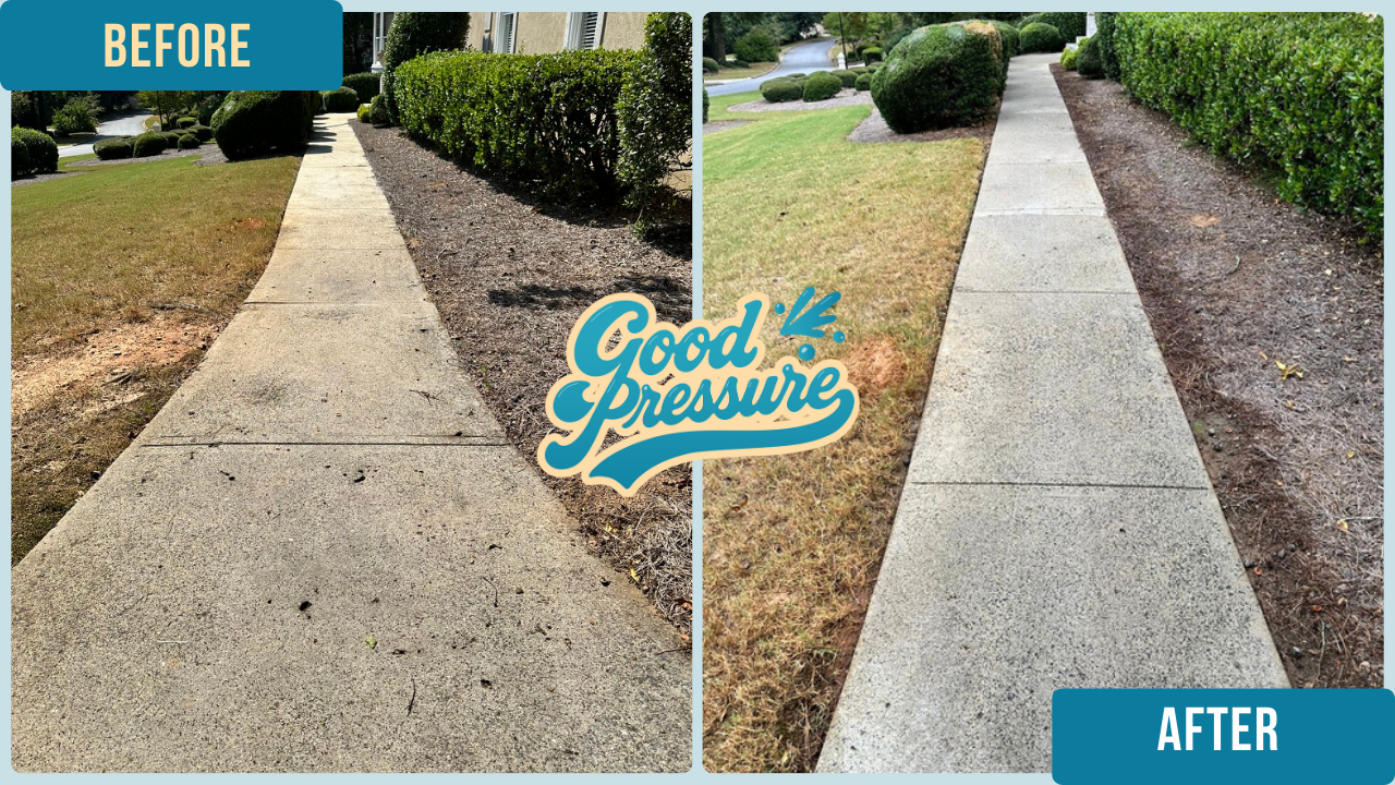 Side-by-side comparison of the same section of walkway before and after professional cleaning, with the left side stained and dirty and the right side bright and spotless after surface cleaning and precise edge detailing with a wand.