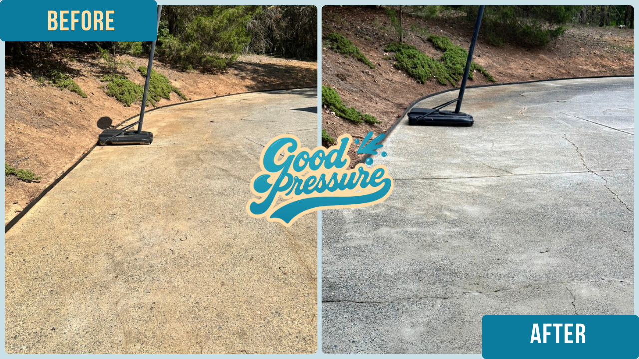 Side-by-side comparison of the same section of driveway near a basketball hoop before and after professional cleaning, with the left side caked with dirt and the right side bright and spotless after surface cleaning and precise edge detailing with a 