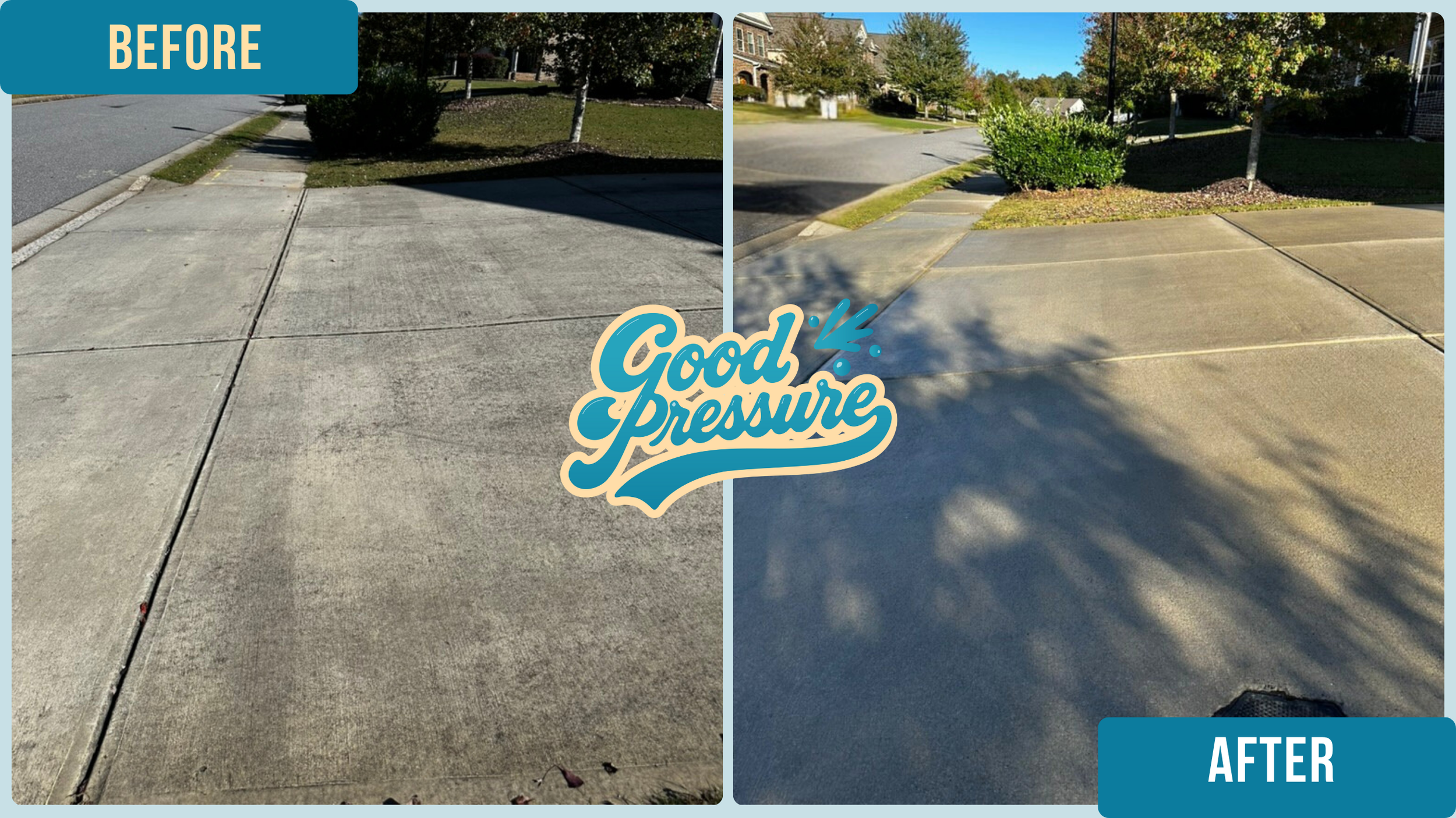Side-by-side view of the same driveway before and after professional cleaning, with the left side dark and stained and the right side bright and clean after surface cleaning and precise edge detailing with a wand.