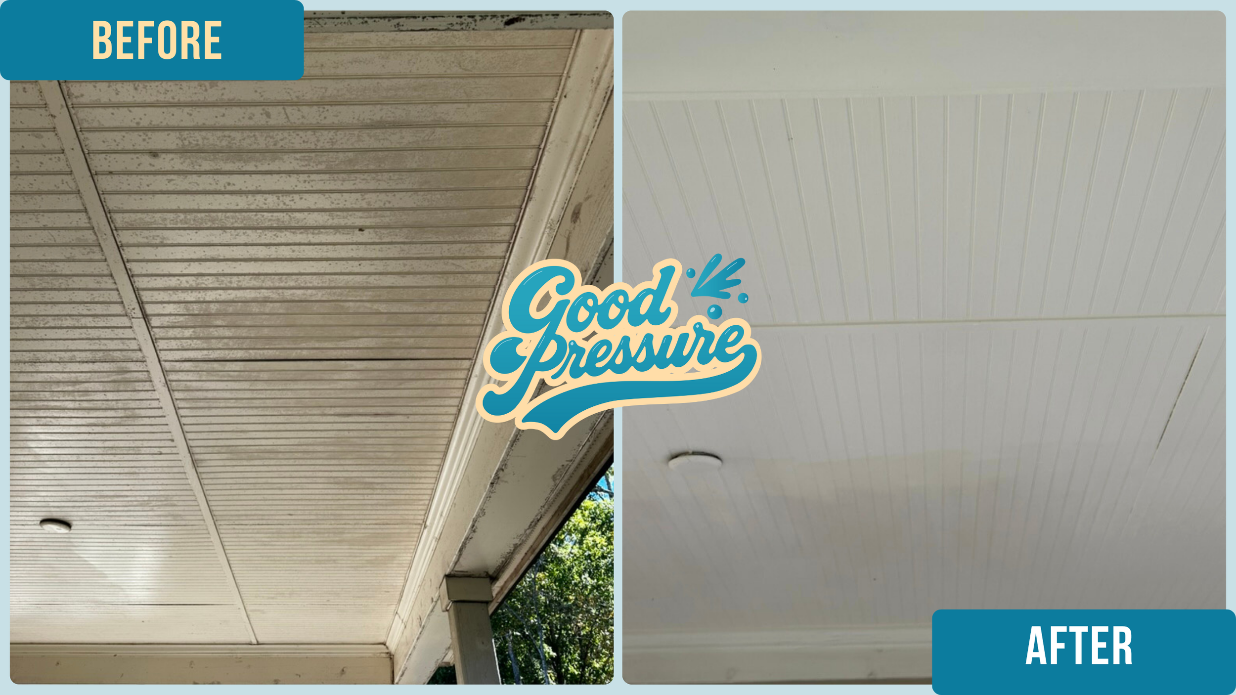 Side-by-side comparison of the same deck ceiling before and after professional cleaning, with the left side dark and grimy and the right side bright and spotless after soft washing with cleaning solution and a wand.