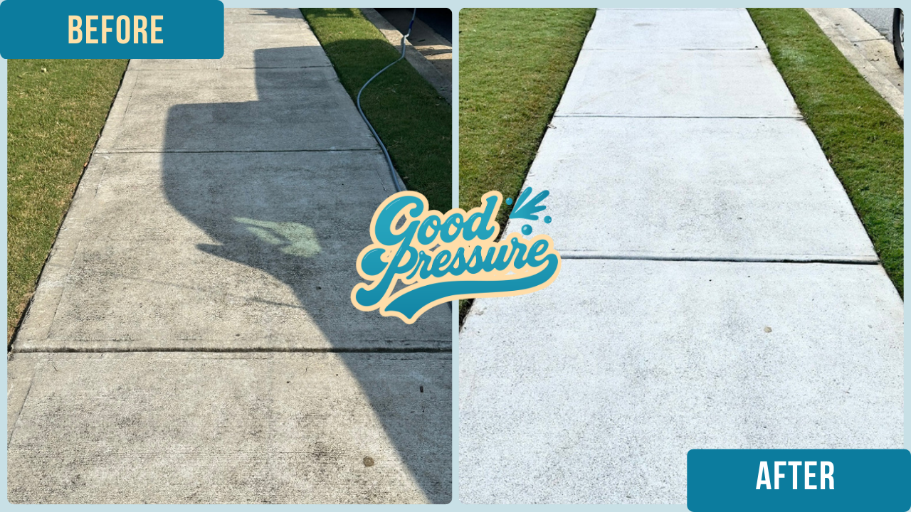 Side-by-side comparison of the same sidewalk before and after professional cleaning, with the left side dark and grimy and the right side bright and spotless after surface cleaning and precise edge detailing with a wand.