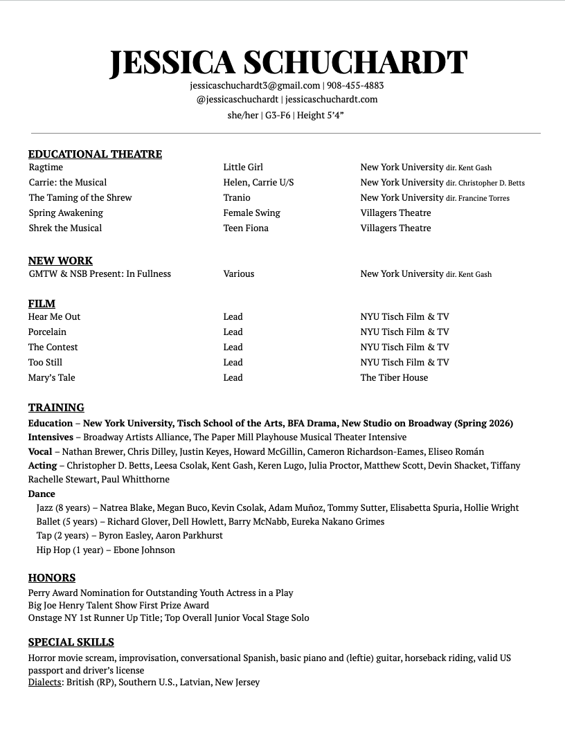 A resume for Jessica Schuchardt listing her contact information, education, theater work, film projects, training, honors, and special skills.